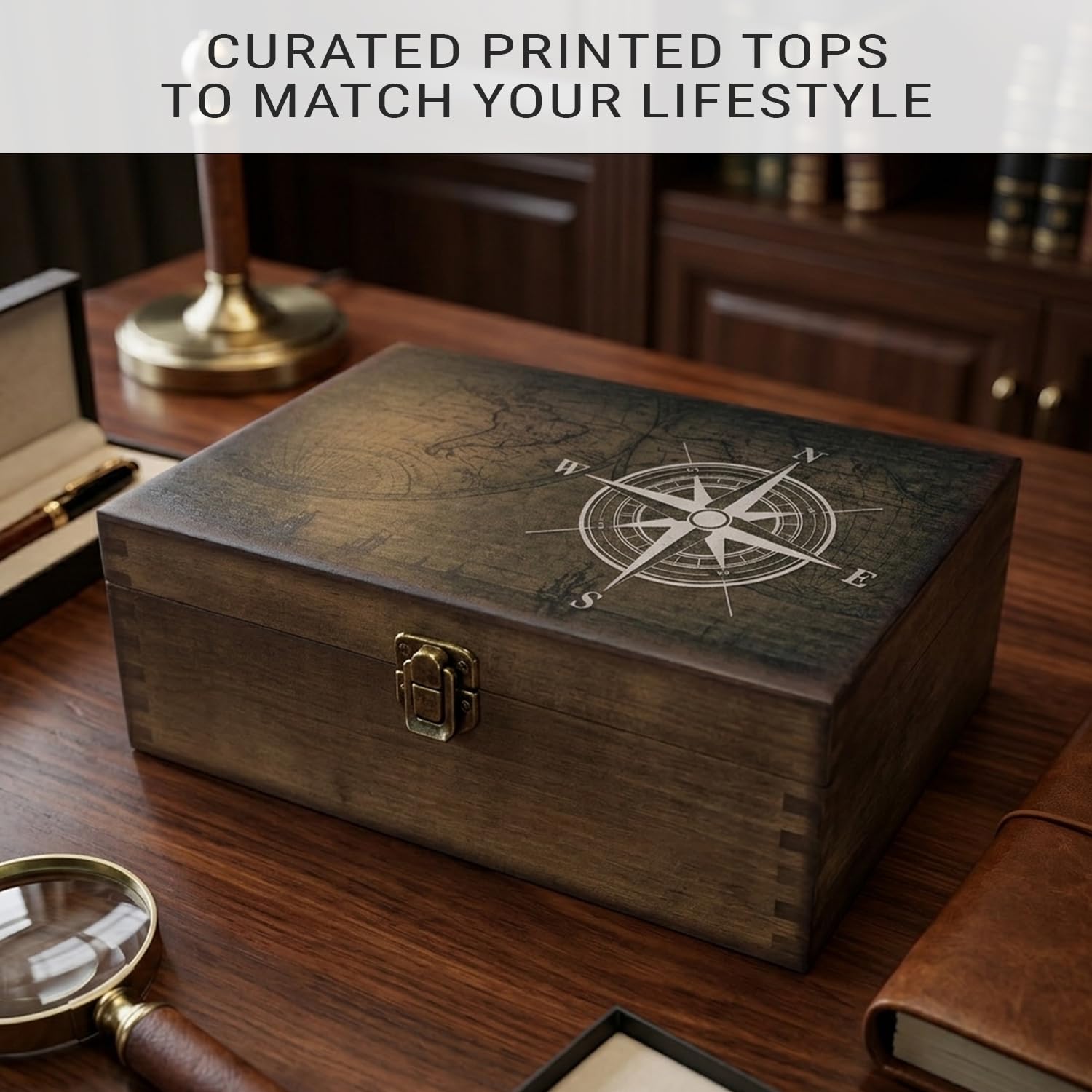 Navigators Erinnerungsbox aus Holz mit Kompass-Design, große Erinnerungsbox für Andenken, dekorative Aufbewahrungsbox für Erinnerungen, Schmuck und Fotos, Gedenkboxen für Männer und Frauen