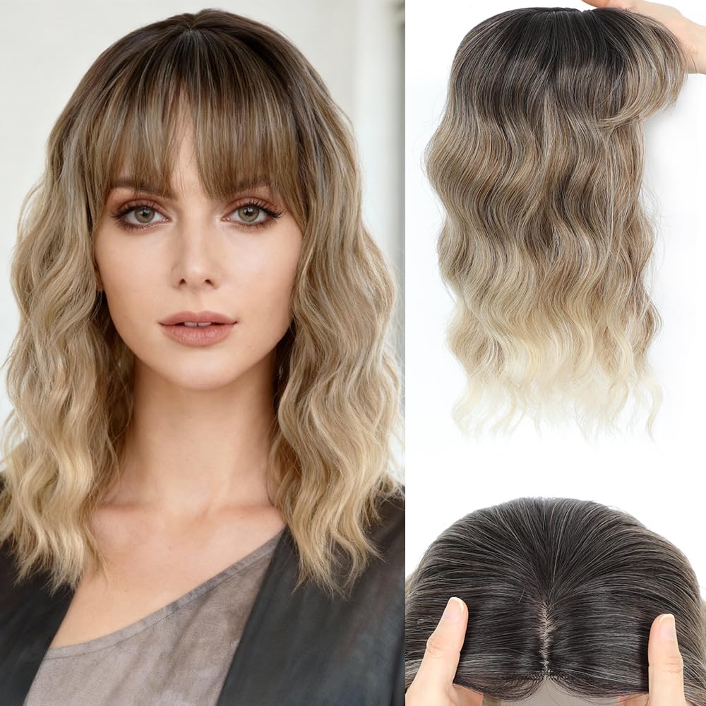 Hair Toppers for Women, 18 Inch Toppers Hair Pieces for Women with Thinning Hair Wispy Clip in Bangs 360° 3D Big Coverage Base Curly Wavy (Ombre Light Blonde with Dark Root, 18Inch Wispy bangs)