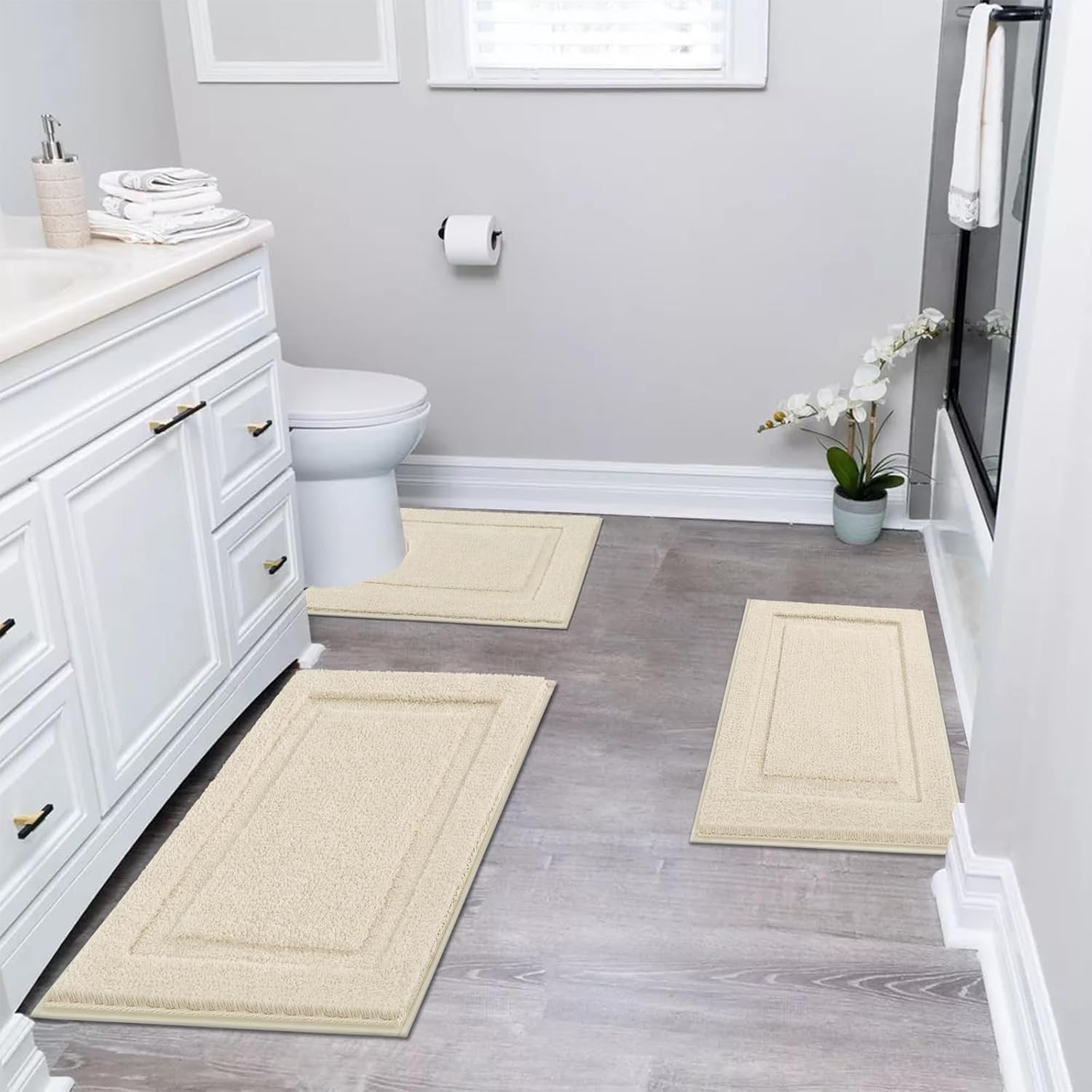SHACOS Bathroom Rugs Set of 3 Soft Bath Mats with U Shape Toilet Rugs Non Slip Washable Microfiber Bath Rugs Absorbent Bathroom Mats Carpet 16"x24" + 20"x32"+ U Shaped 20"x24", Light Beige 16"x24"+ 20"x32"+U Shape 20"x24" Light Beige