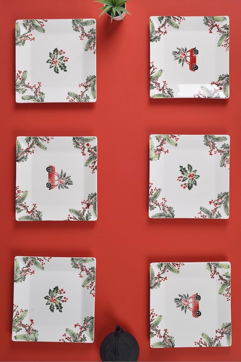 SODEF Dessert Plate Set 6 Piece Christmas Design 7.9 Inch Ceramic Serving Plates Handmade Holiday Gift, BPA Free, Square Shape - Red, One Size