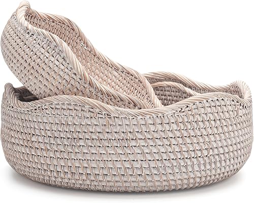 Vista 8 de YANGQIHOME Cestas de frutas redondas de ratán, cuencos de almacenamiento de mimbre, cuencos de cesta de servicio tejida natural, cestas decorativas