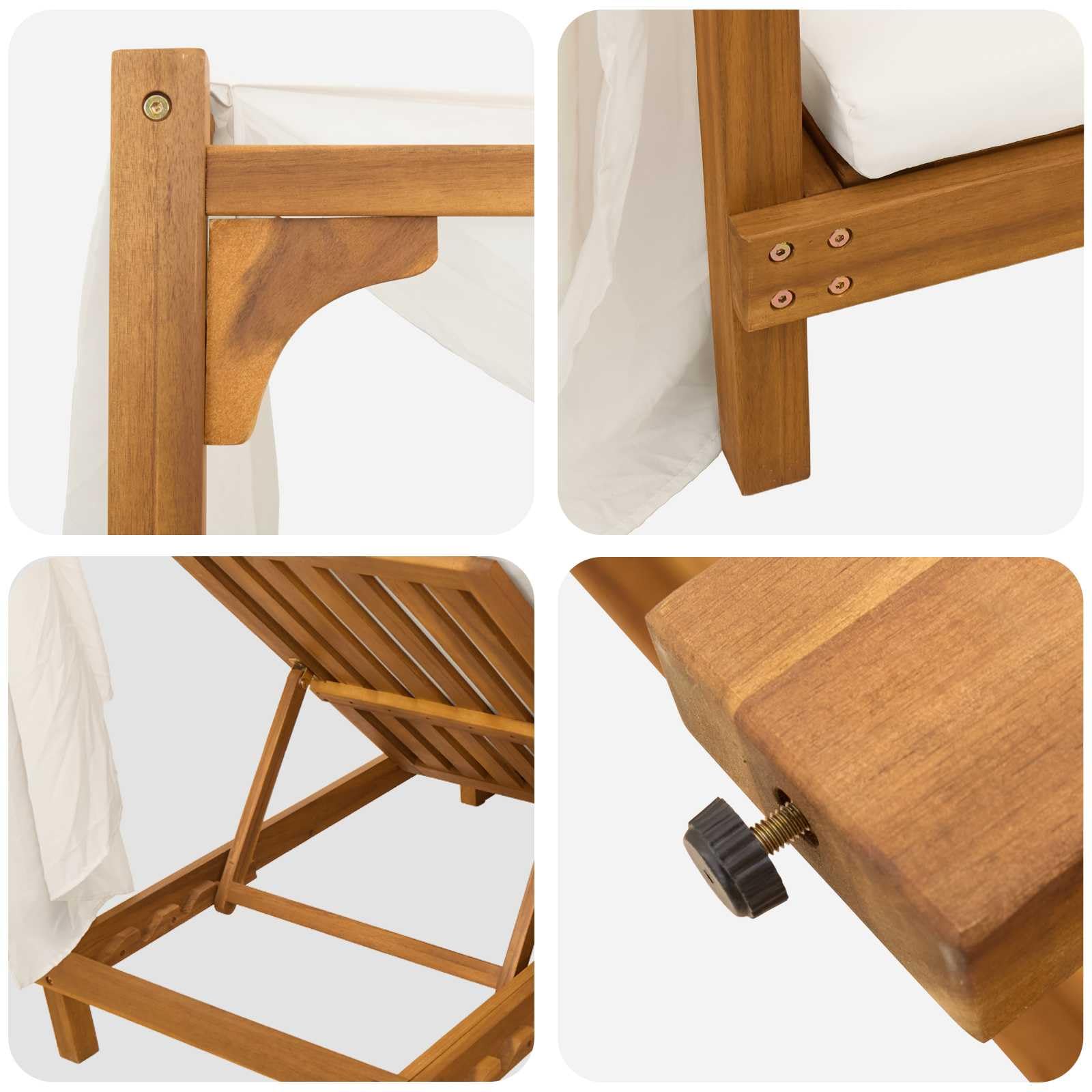 vidaXL Transat Double avec auvent et Rideaux Bois d'Acacia Massif, Chaise Longue réglable, mobilier de Jardin, résiste aux intempéries, pour la détente en extérieur