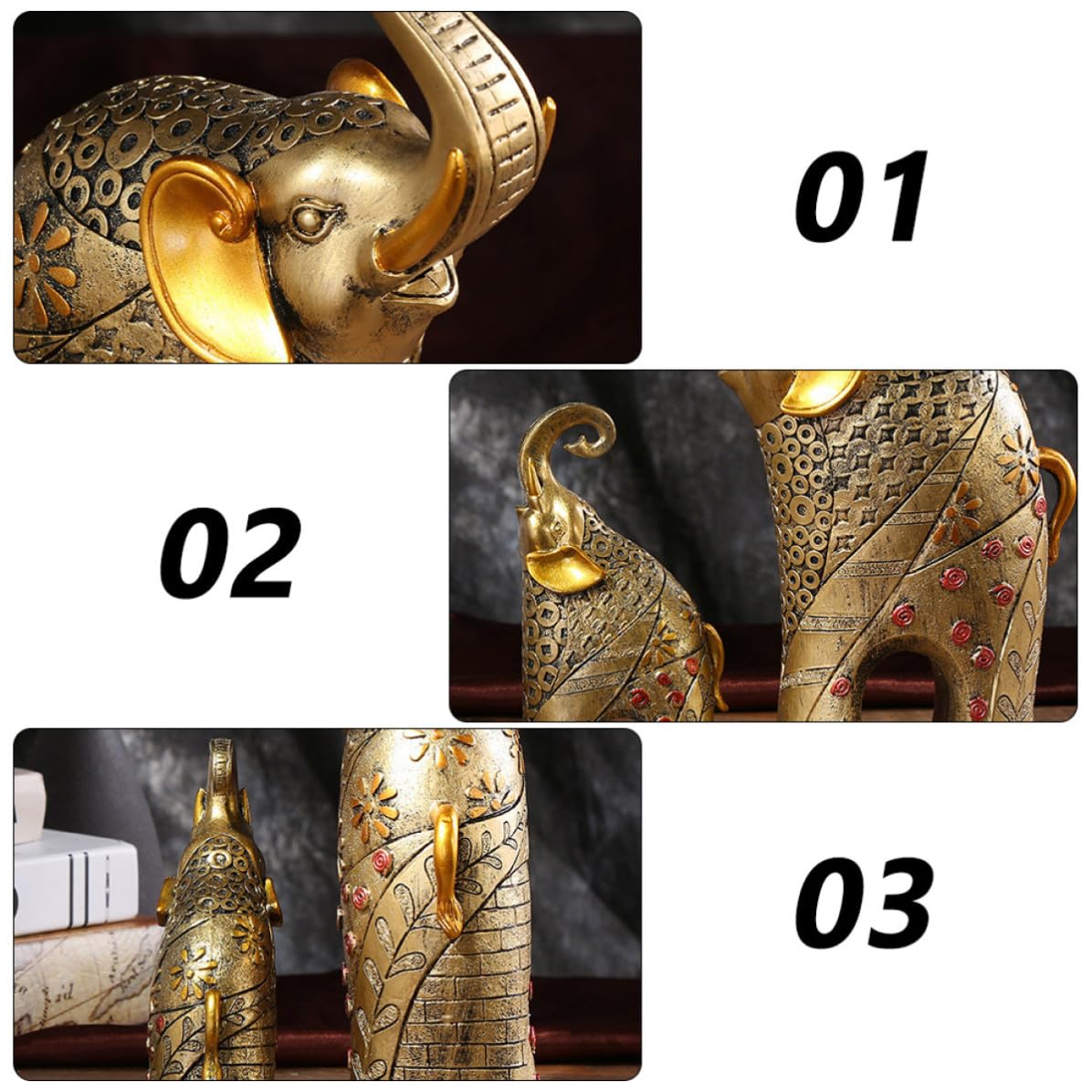 POPETPOP Juego de 2 Figuras de Elefante de Resina Dorada Diseño Natural y Elegante, Adorno Decorativo Estable para Decoración del Hogar y Escritorio
