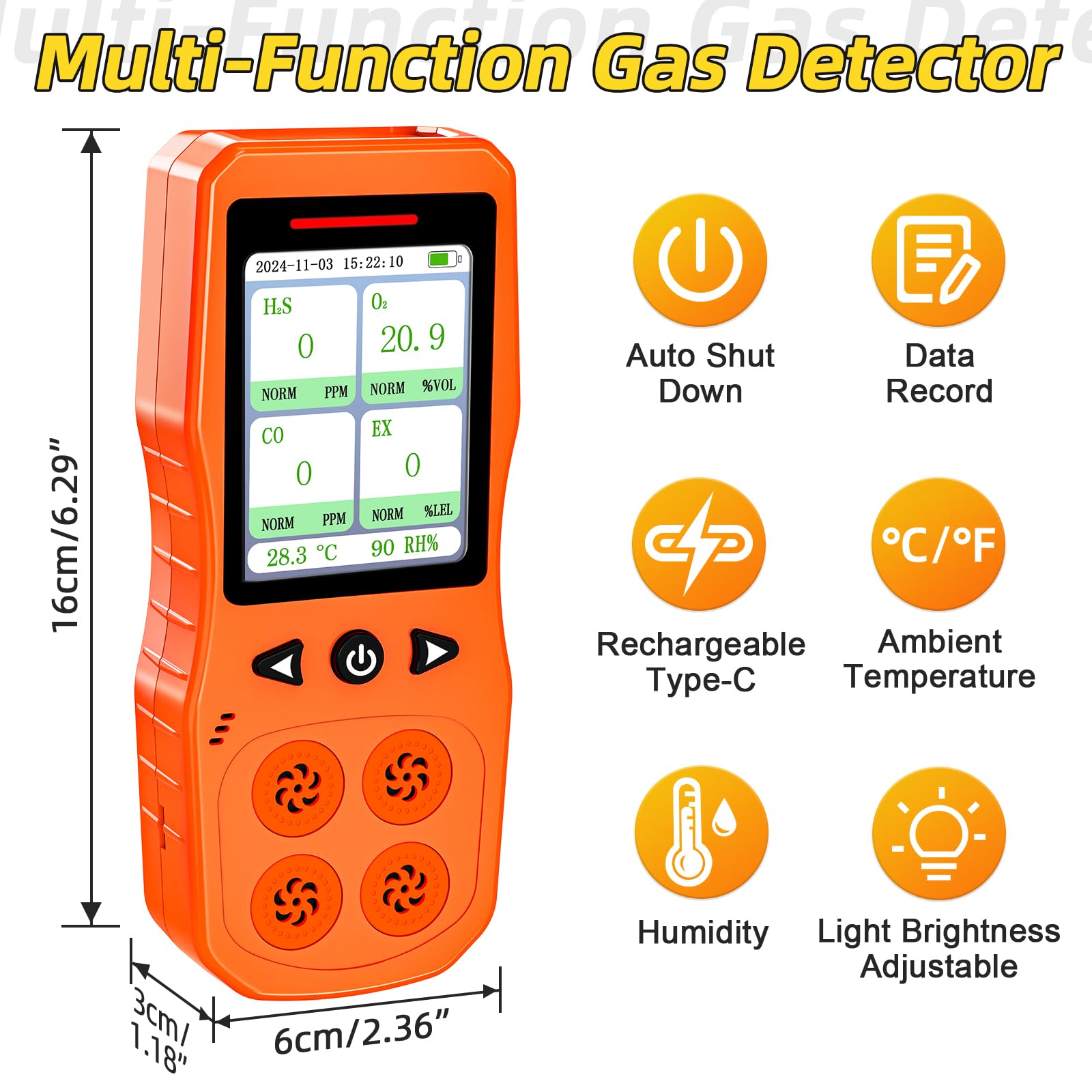 Monitor de 4 Gases, Recargable Analizador de 4 Gases, Detector Multigas para H2S, CO, LEL y O2 con Sensor Electroquímico, Naranja