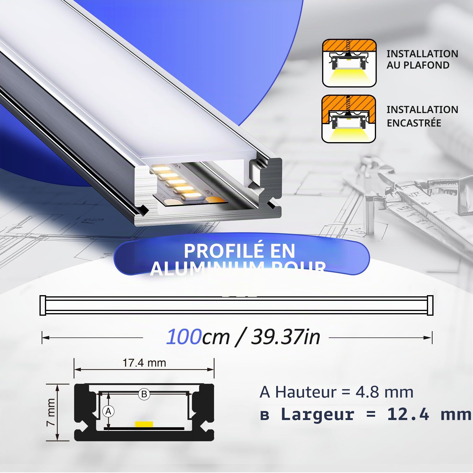 Profilé LED 1 m x 6 pièces Tot 6 m, 17,4 mm x 7 mm, Couvercle opaque mat PC, Bande LED max 12,4 mm