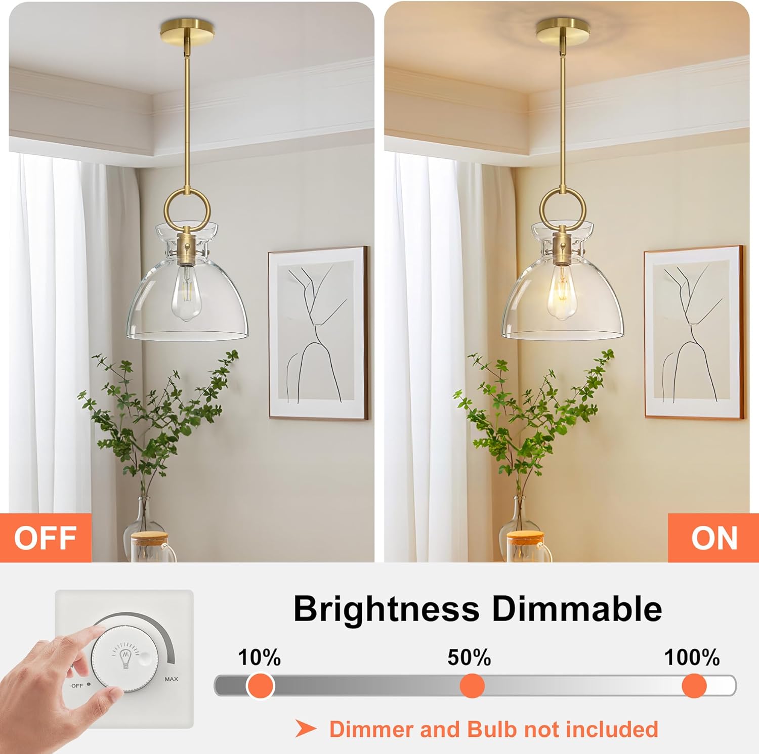 Glass Pendant Light Kitchen Island, Modern Pendant Lighting Over Sink, Adjustable Hanging Ceiling Light with 9.84'' Clear Glass Shade for Dining Room Bedroom Hallway, Gold, Single Pack