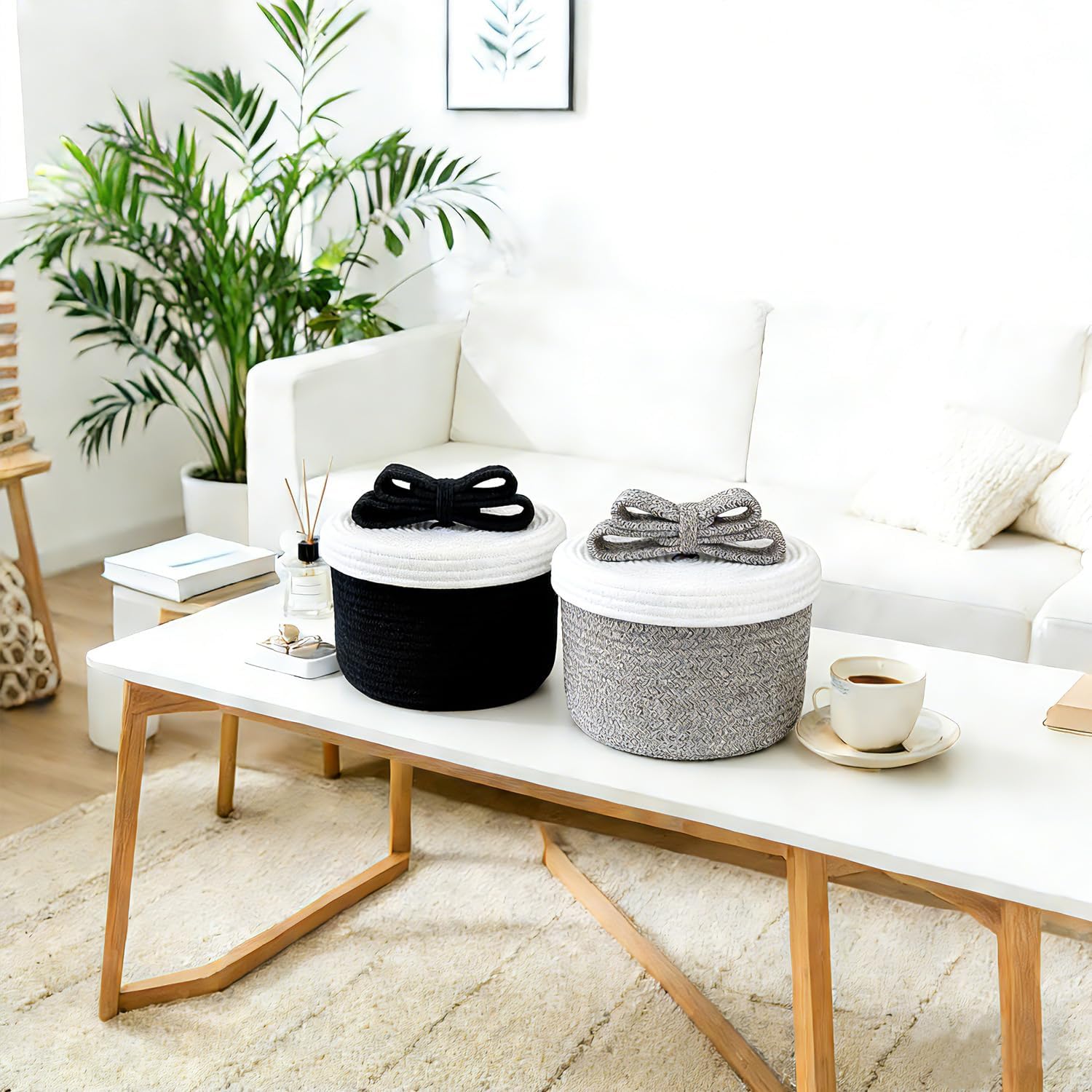 Decorative Storage Baskets with Lids, Small Woven Rope Basket with Lid, Decorative Basket for Home Decor, Dog Toy Storage Baskets with Cute Bow Handle, grayish-brown