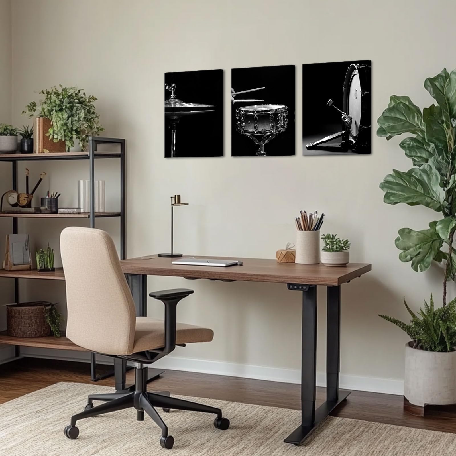 Canvbay Stampa artistica da parete in bianco e nero con kit di batteria jazz, poster con strumenti musicali, decorazione moderna per la casa per sala da studio rock, 30,5 x 40,6 cm, 3 pezzi