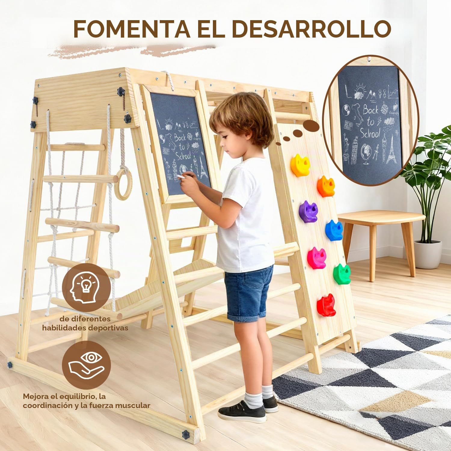 Maxi Estructura de Escalada de interior, 10 en 1 Montessori Estructura de Escalada Plegable para Niños, Multifuncional Parque infantil cubierto con Pizarra columpio monopatín & Red de escalada
