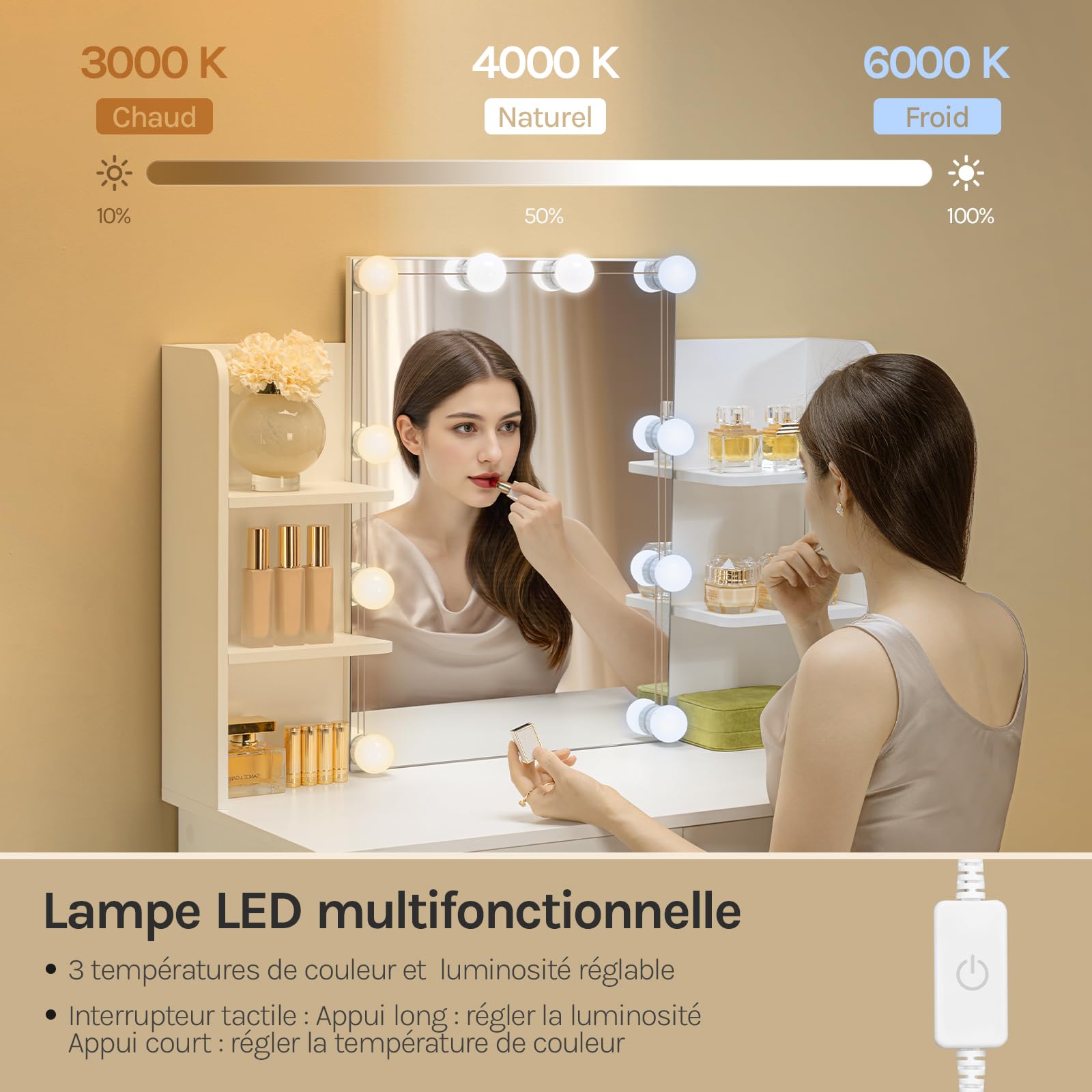 WOLTU Coiffeuse avec Miroir LED à Luminosité Réglable, Coiffeuse avec Rangement, 2 Tiroirs & 4 Étagères, Table de Maquillage Blanche en Bois, Meuble Chambre Style Moderme, Blanc