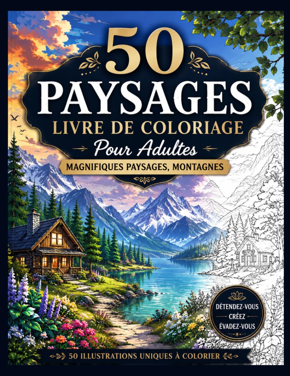 50 Paysages Livre De Coloriage Pour Adultes: Magnifiques Paysages, Montagnes, Forêts, Lacs et Villages | Cahier Relaxantes et Anti-stress