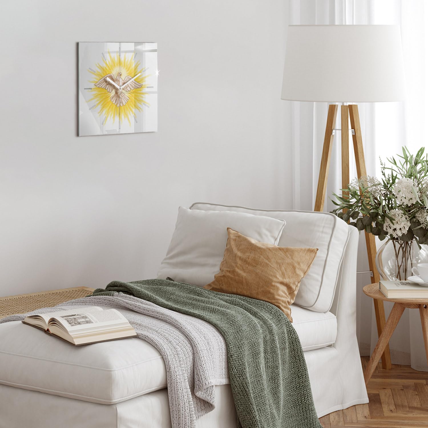 Sacroarte 30x30cm Funcionamiento silencioso Reloj de Vidrio Biblia Fe Manecillas de Reloj Blancas - Gráficos de la Paloma del Espíritu Santo