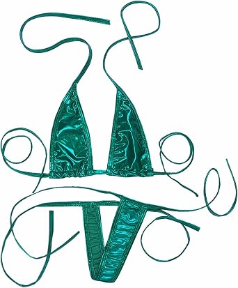 Linjinx Women's Shiny Micro Bikini Swimsuit Halter Neck Top with G-String Set Swimwear Bathing Suits