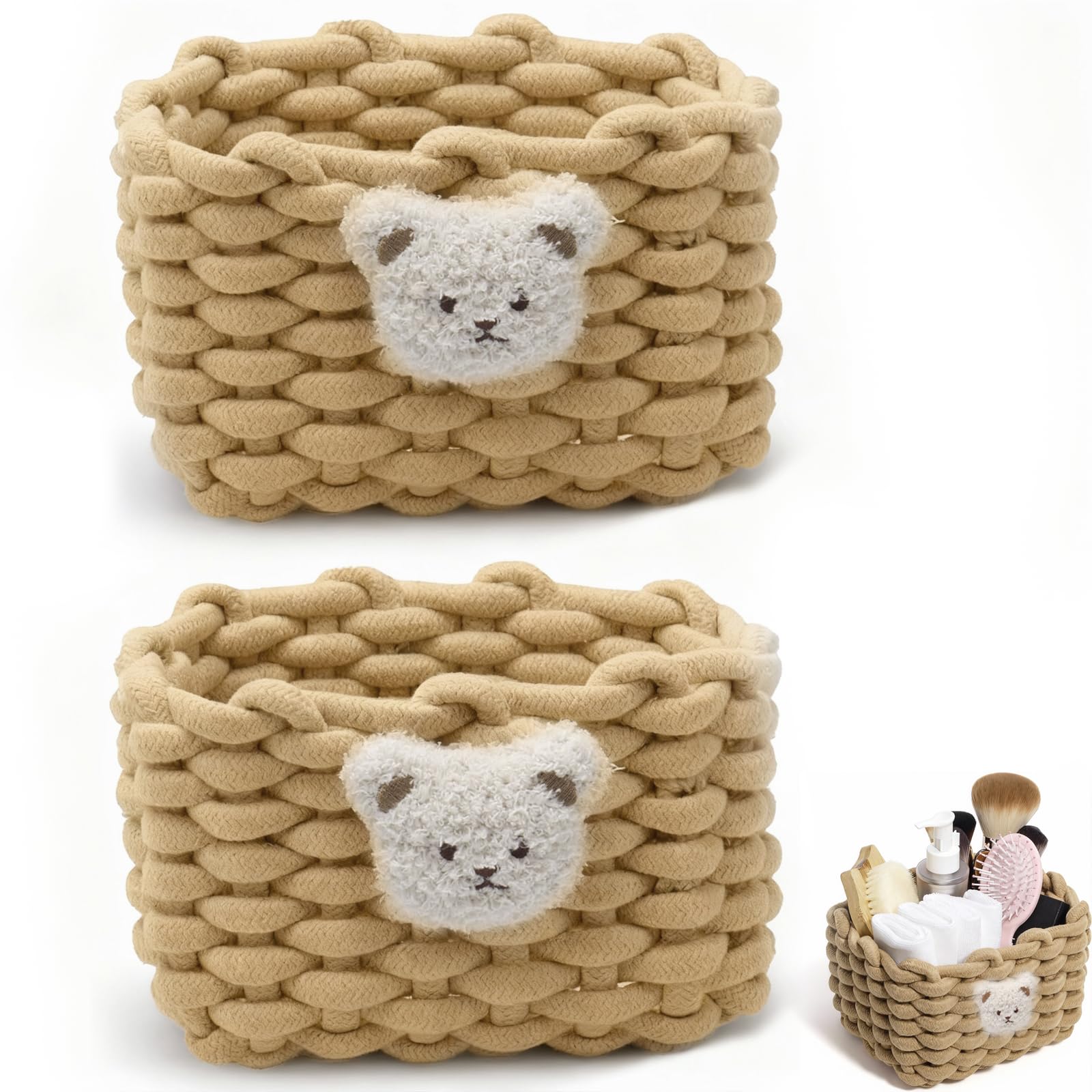 CHUANFU 2 Stück Aufbewahrungskorb Geflochten Baumwolle Strickkorb, Organizer Klein Körbchen mit Bärenmotiv Aufbewahrungskorb, Körbe Schateln für Baby Kleinkinderzimmer, Schminktisch Wohnzimmer, Braun