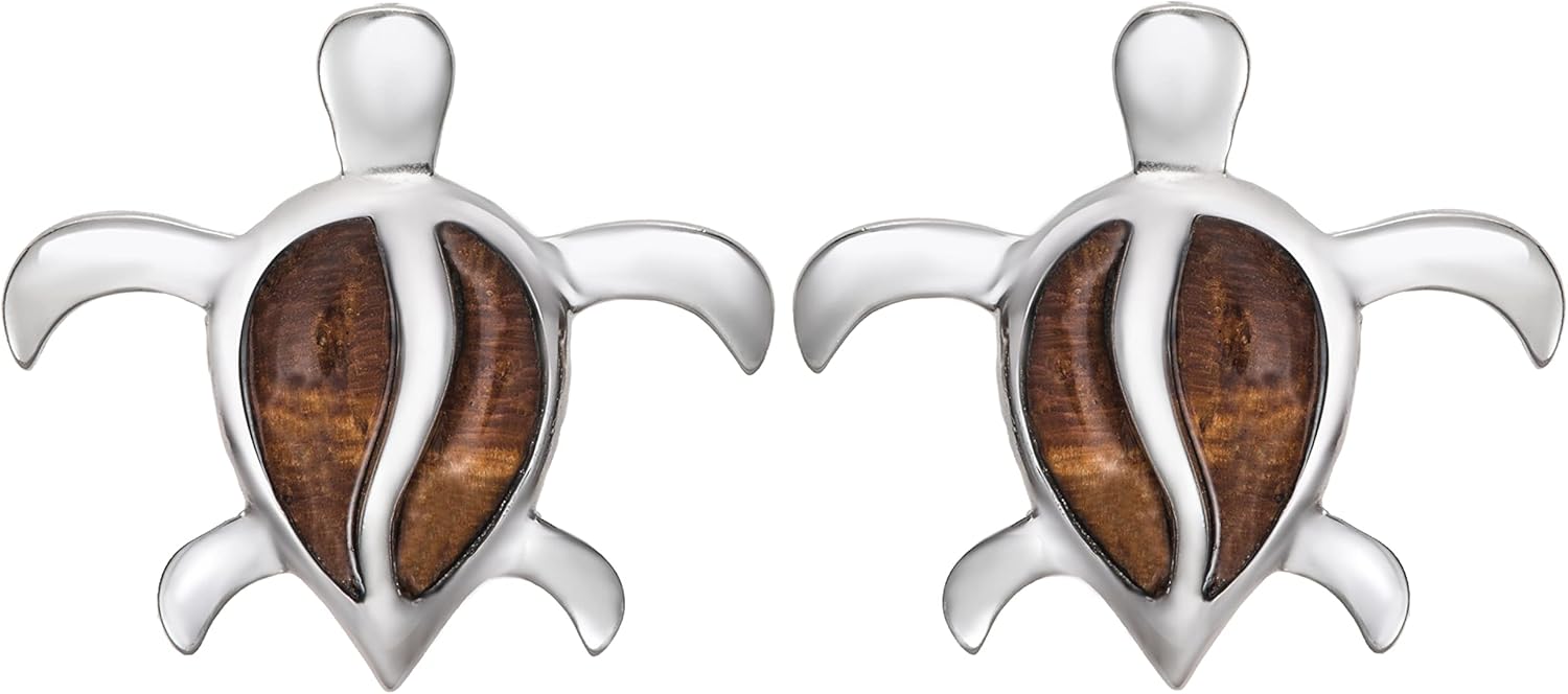 925 Sterling Silver Koa Wood S Back Turtle Stud Earrings, Nickle Free Hypoallergenic for Sensitive Skin, Tropical Ocean Jewelry for Women, Gift Box Included