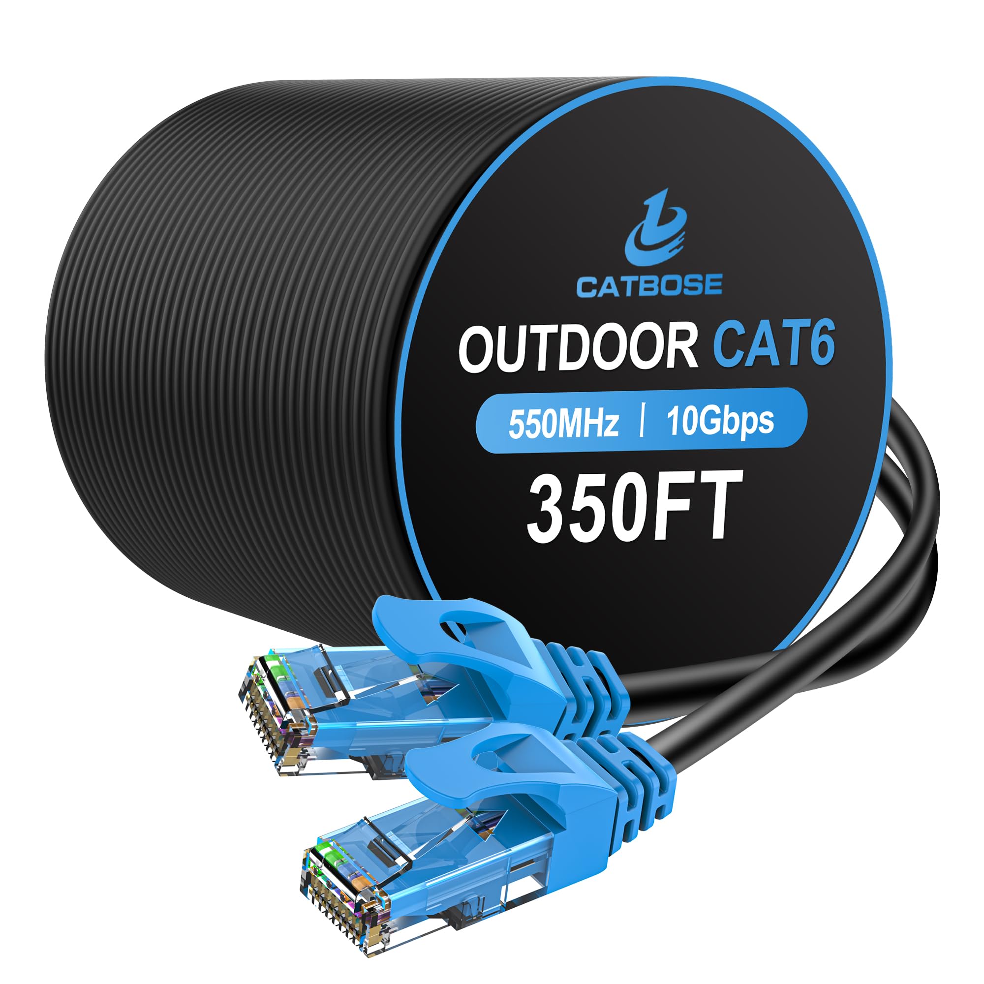 CatBose 350FT Outdoor Cat6 Ethernet Cable, Heavy Duty Direct Burial, In-Ground, POE, Waterproof, LLDPE UV Resistant, UTP, 24AWG CCA Solid Cord,