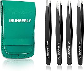 Tweezers Set, 4Pcs Tweezers for Women with Travel Leather Case, Professional Stainless Steel Eyebrows Tweezers, Great Precision Tweezers for Ingrown Hair, Facial Hair, Splinter Removal(Black)