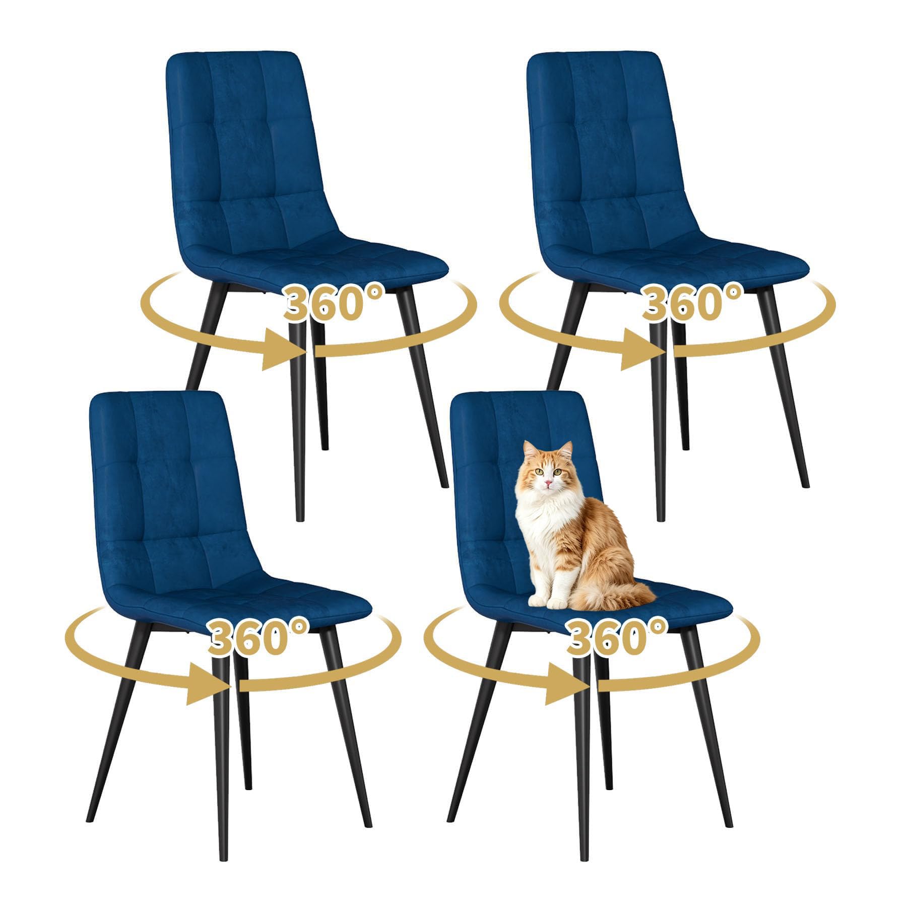 JMGJOY Swivel Dining Chairs Set of 4 Velvet Modern Upholstered kitchen Chairs 360° Rotating Dining Room Chair Max.120kg Metal Legs Padded Seat Backrest for Living Room Bedroom, Blue
