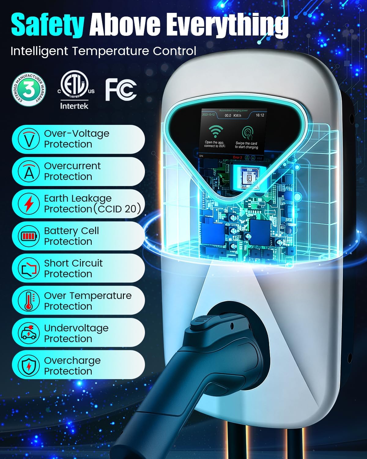 Level 2 EV Charger 48 Amp, 11.5KW 240V Electric Car Charger, NEMA 14-50 Plug, J1772 25' Cable, RFID Card, Smart App (WiFi), Smart Electric Vehicle Charging Stations with UL, ETL Certified EVSE, White