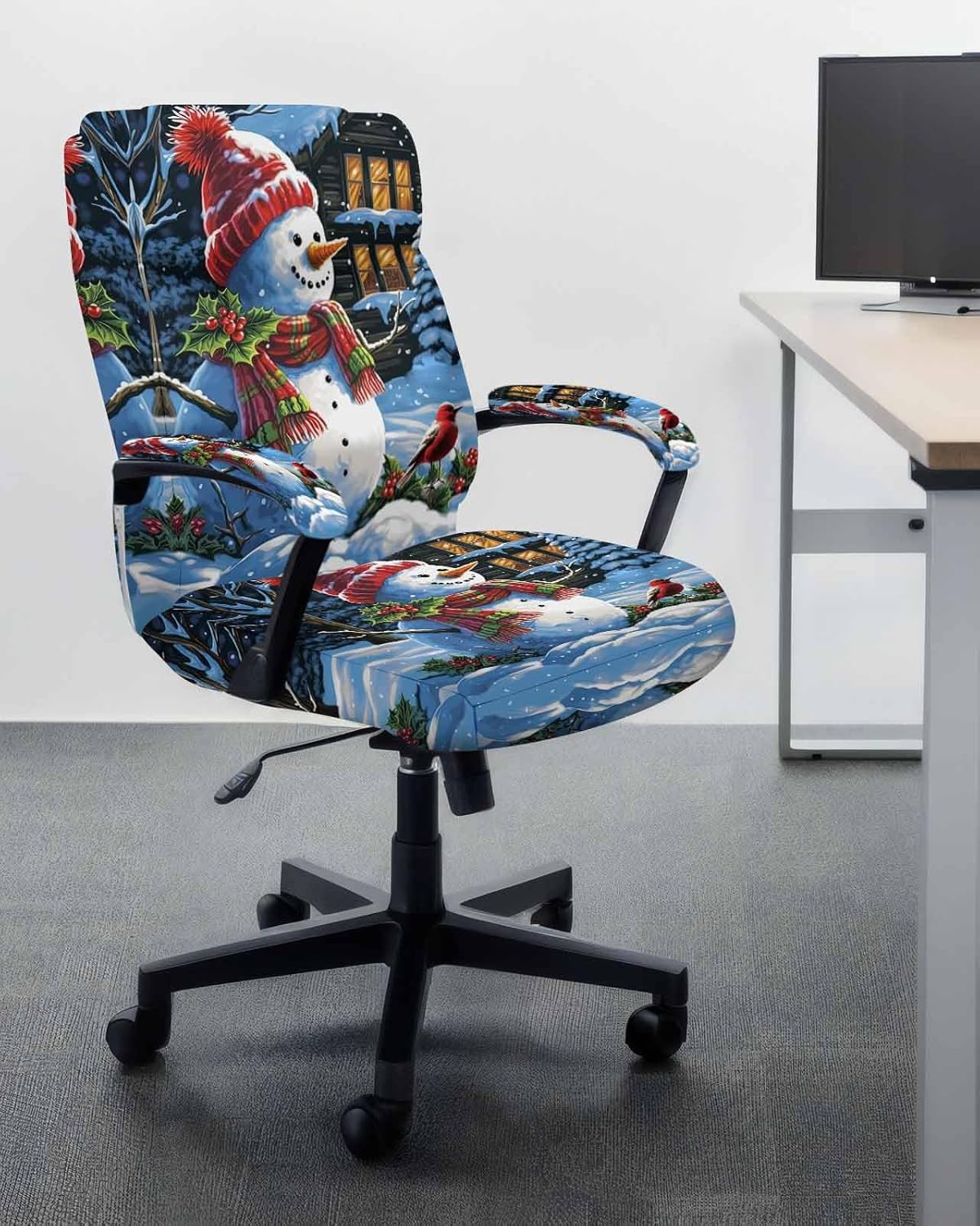 Christmas Office Chair Covers with Armrest Covers, Rotating Chair Cover, Winter Snowman Xmas Tree Snowflake Berry Gaming Chair Slipcovers with Elastic Bottom for Armchair, Medium