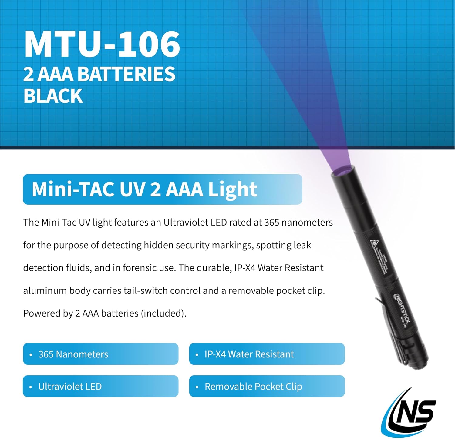 Nightstick MTU-106 Mini-TAC UV Flashlight with 2 AAA, Black,Small