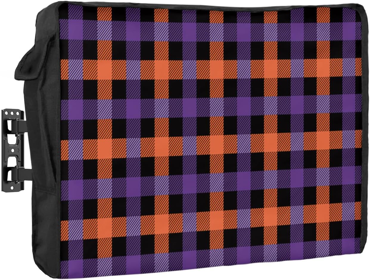 Outdoor TV Cover - Halloween Purple Orange Lattice Waterproof and Weatherproof 80"-85" LCD Movable Shield TV Display Screen Protector Outside Television Covers