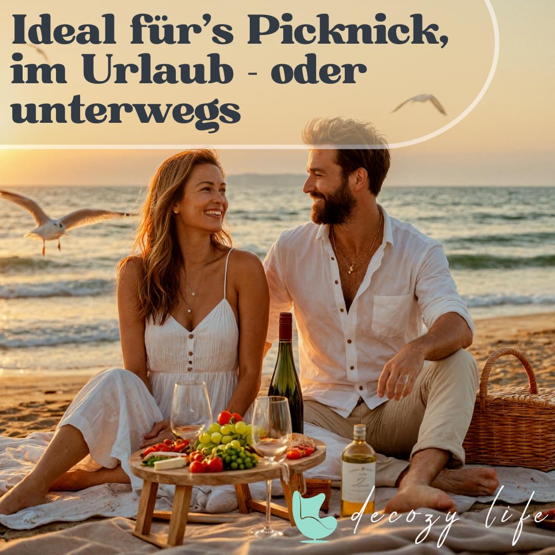 Decozy Life Weintisch Akazie Massivholz - Weinbar & Weintablett für Zuhause oder Outdoor - geeignet als Picknicktisch klappbar - Nutzbar als Weinhalter & Ideal als Strandtisch & Picknick Zubehör