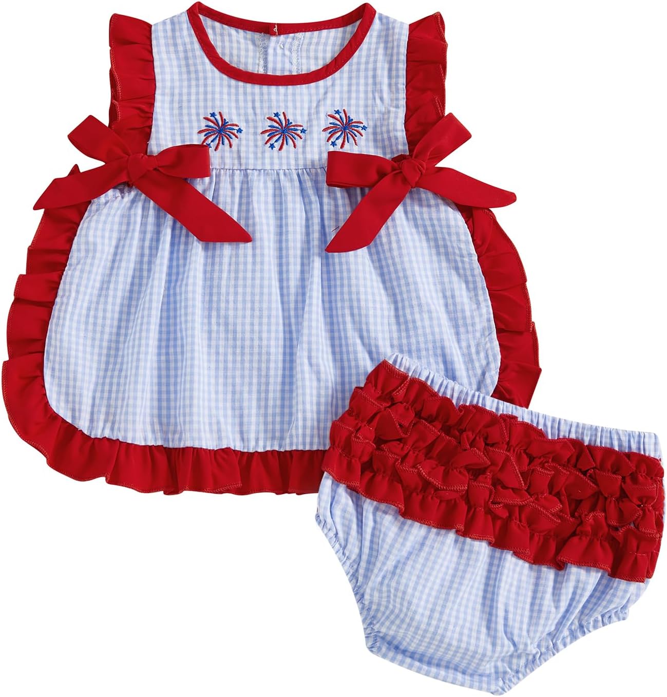 Infant Toddler Baby Girl 4th of July Outfit Firework Embroidery Plaid Ruffle Sleeveless Tank Top Bloomers Shorts Set