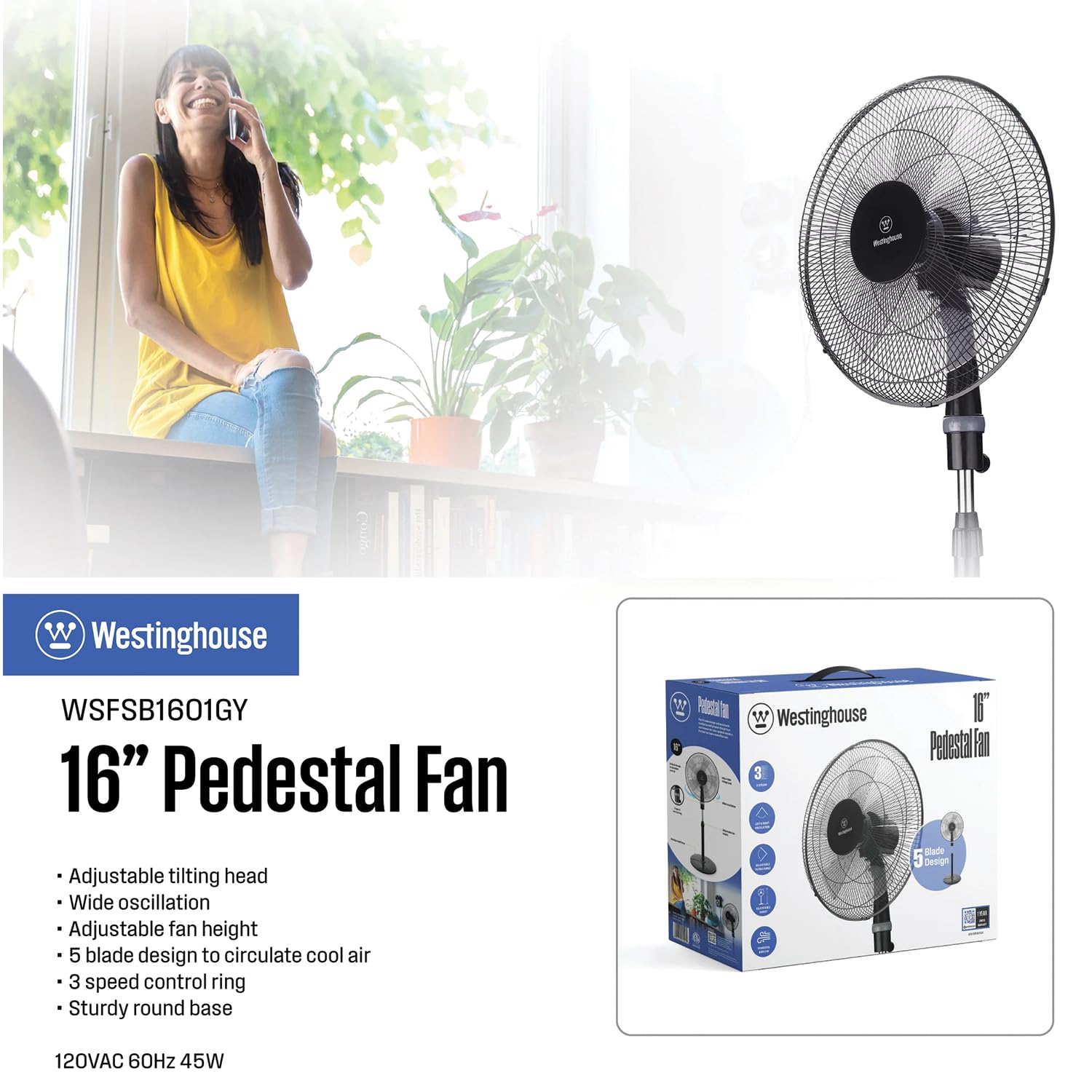 Amazon.com: Westinghouse 16-inch Pedestal Fan, 5 Blade Design, 3