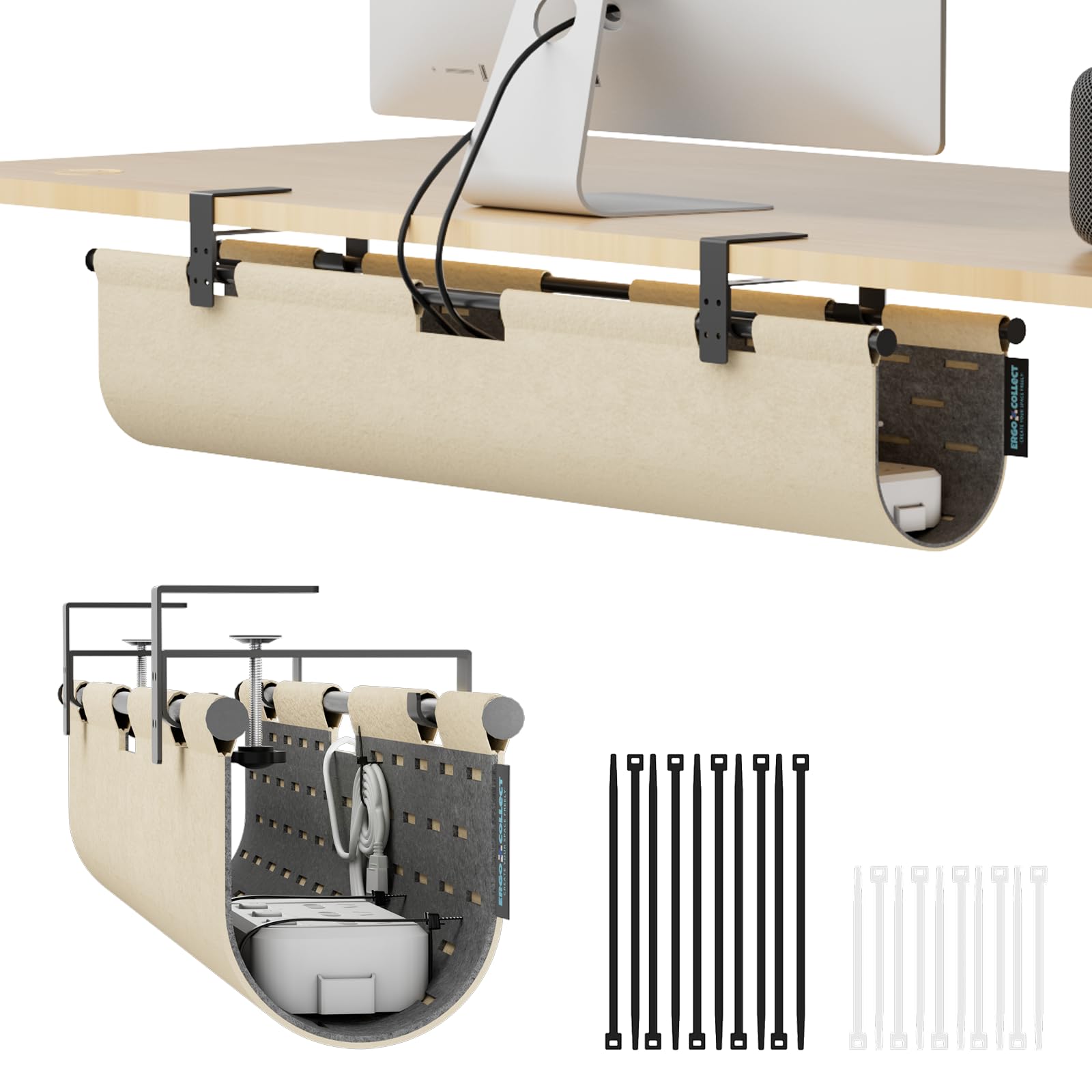 No Drill Under Desk Cable Management Tray, 30" Felt Cord Organizer