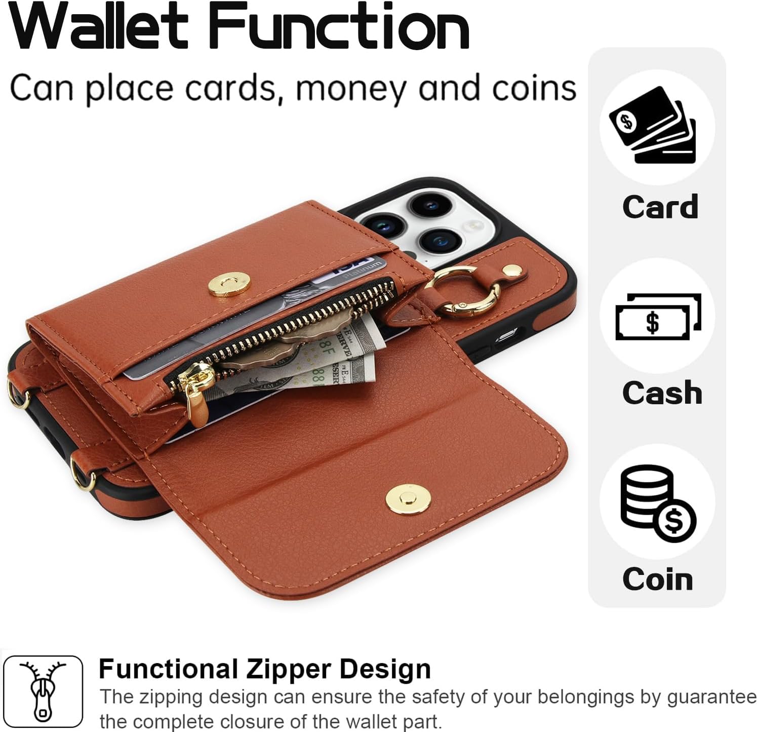 Phone Case for iPhone 15 Pro 6.1 inch Wallet Magnetic Detachable Cover and Screen Protector Compatible with MagSafe Crossbody Lanyard Strap RFID Blocking Flip i Phone15 i15 15Pro Women Men Brown