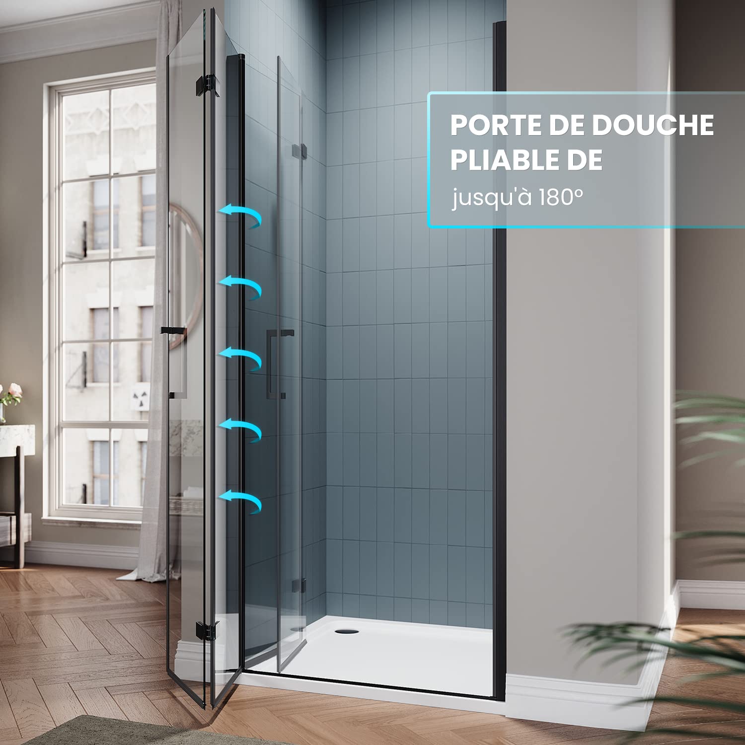 SIRHONA Porte de douche Noir Coulissante 80x195cm Porte de douche Pivotante en Verre Transparent 6mm Securit
