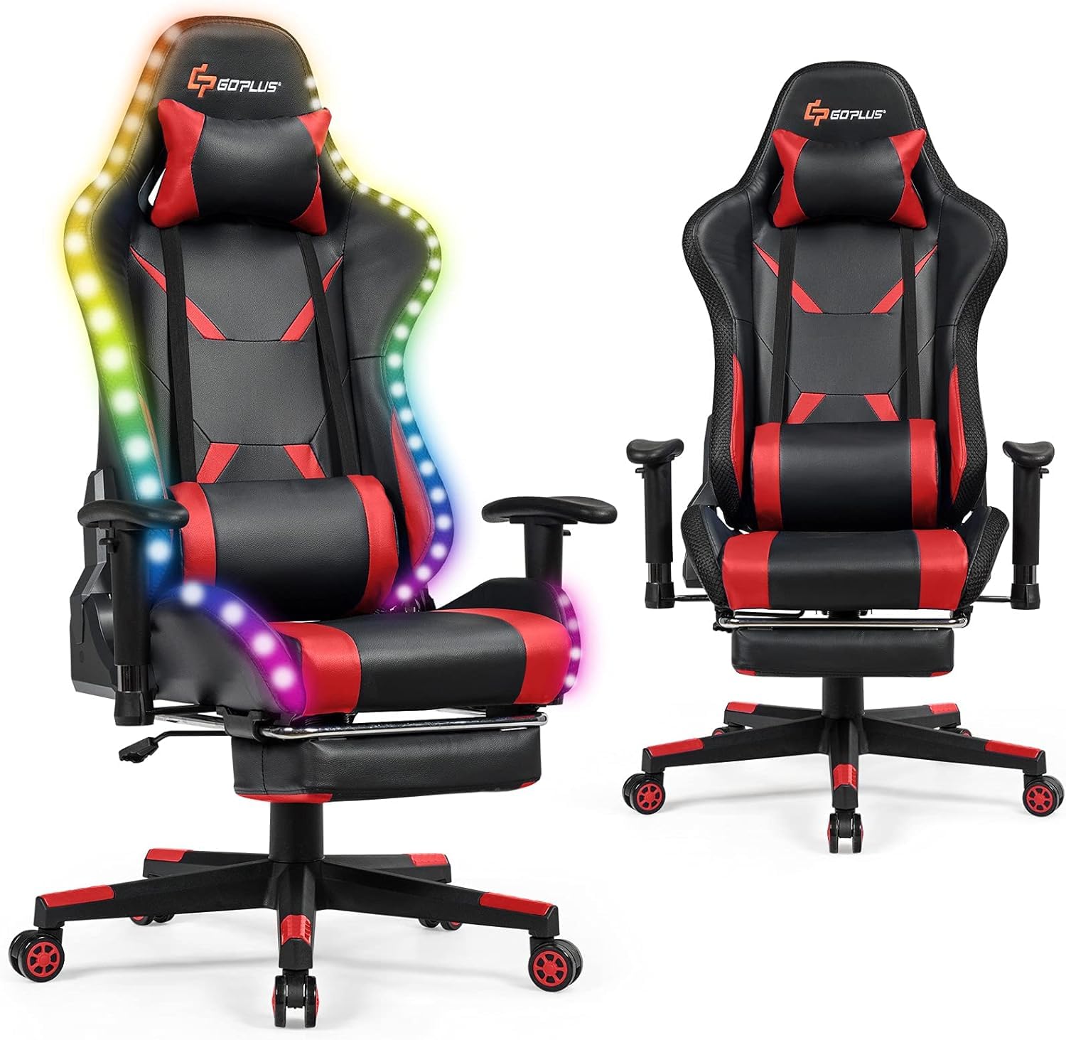 GOPLUS Silla Gaming, Silla Gamer Giratoria con Respaldo Reclinable 90-155°, Luces LED RGB, Altura y Reposabrazos Ajustables, Reposapiés Retráctil y Soporte Lumbar, Silla Ergonómica para Oficina (Rojo)