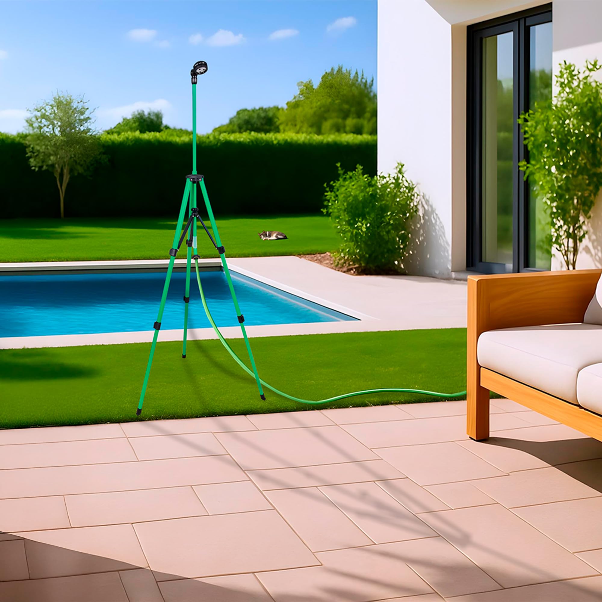 Cofan Ducha de jardín con Altura Ajustable | Trípode de Aluminio | 2 Funciones: Ducha y nebulización | Conector Universal Incluido | Altura máxima: 162 cm y Ancho máximo: 92c m