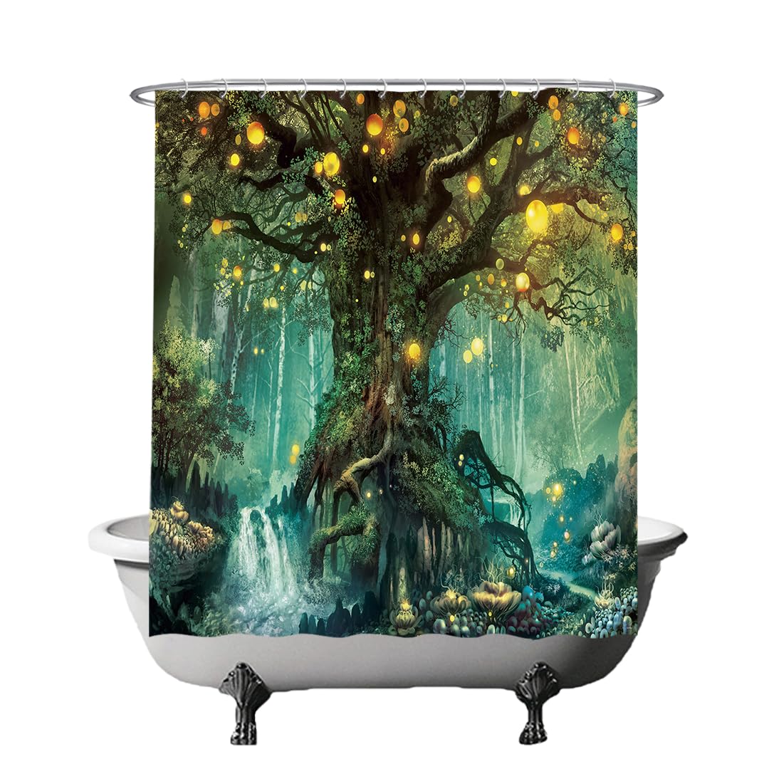 Ulticool Elf Tree Shower Curtain - Fairy Tale Magic Forest Nature - 180 X 180 Cm - Washable - Waterproof - Anti Mould - With 12 Rings - Green Yellow