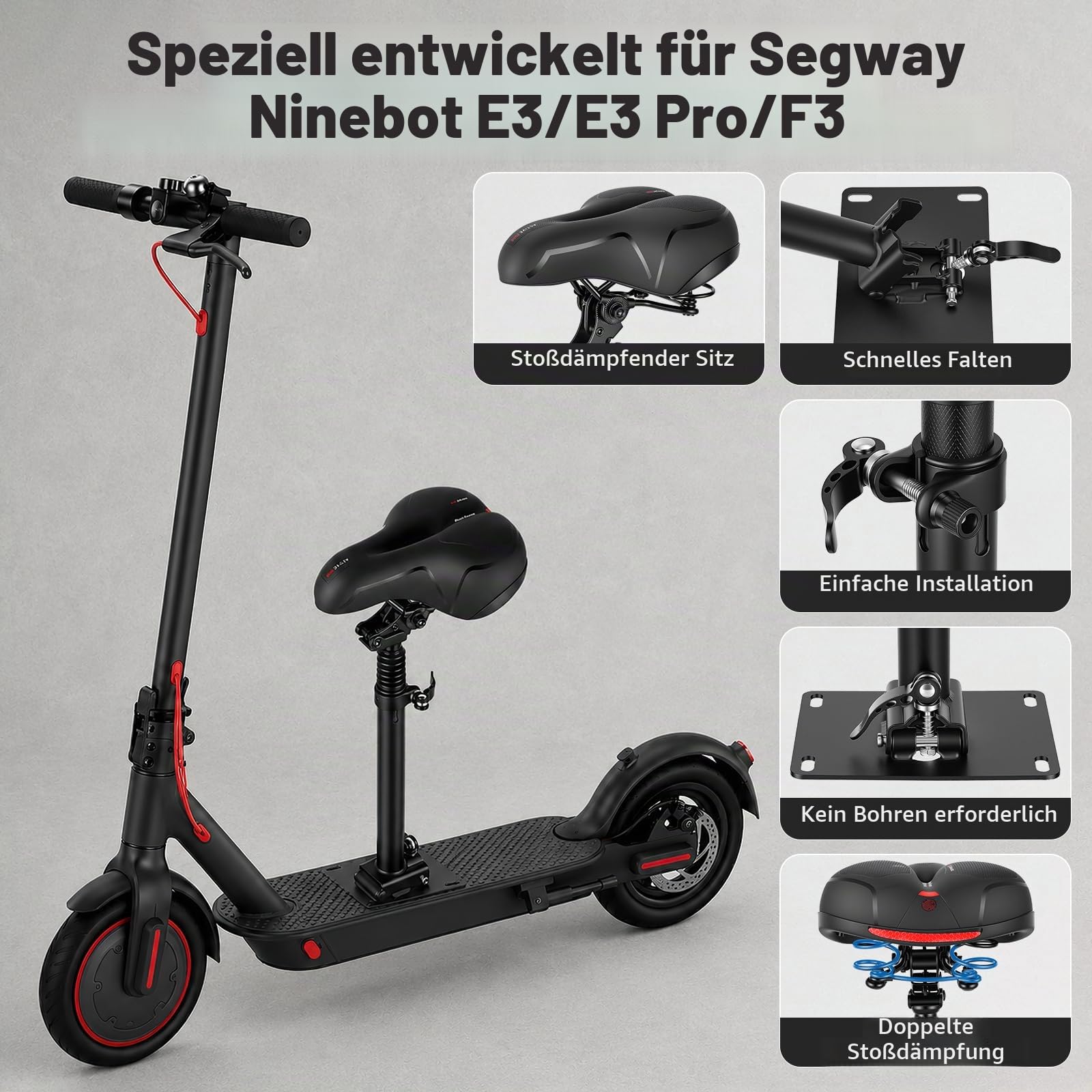 Elektro Scooter Sitz, Höhenverstellbarer Klappsitz für Elektroroller Erwachsene Kompatibel mit Segway Ninebot F3/E3/E3Pro Roller 45-65CM Sitzhöhe mit Stoßdämpfender Sitz Tragbarer Schultergurt