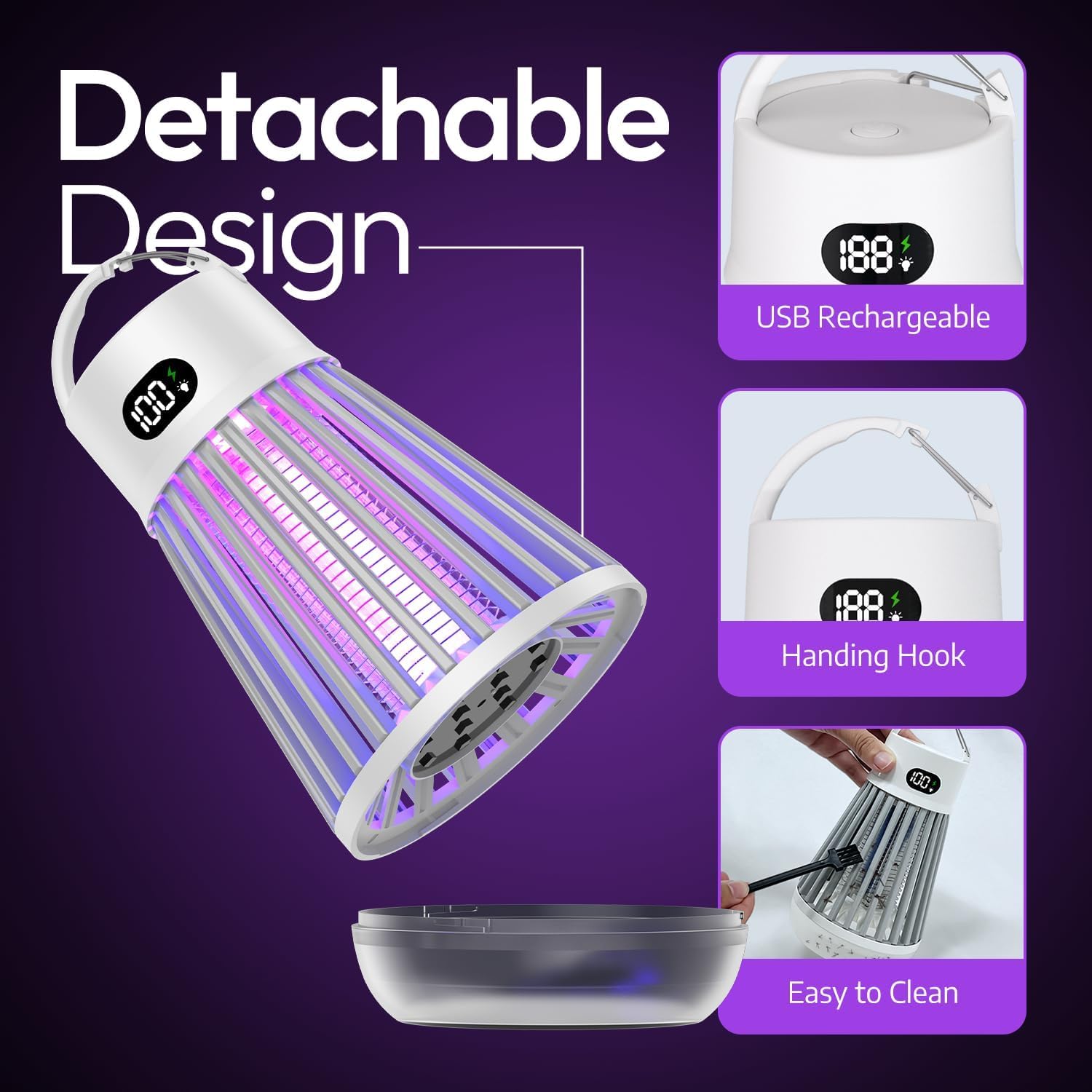 Zapper 2.0 Silver Portable Bug Zapper, Indoor & Outdoor, Cordless Rechargeable Mosquito Zapper, Hanging Hook, 1500V High Voltage, Trap for Fly, Insect, Mosquito & Bugs