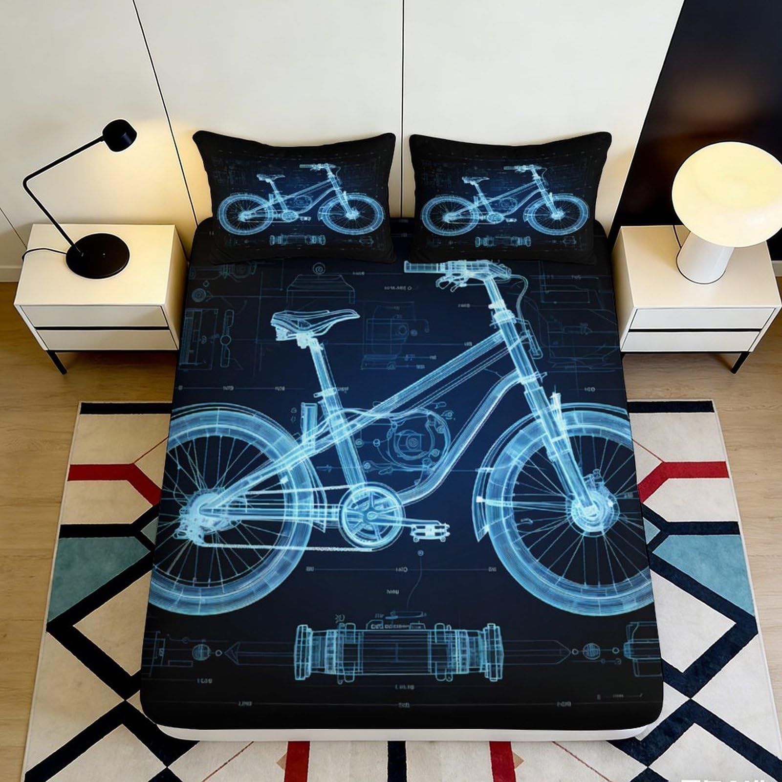 3D Printed Bicycle Pattern Fitted Sheet Microfiber Deep Pocket Non-Slip Cyclist Theme Mattress Fitted Cover for Bedroom Bedding 140x200x25cm
