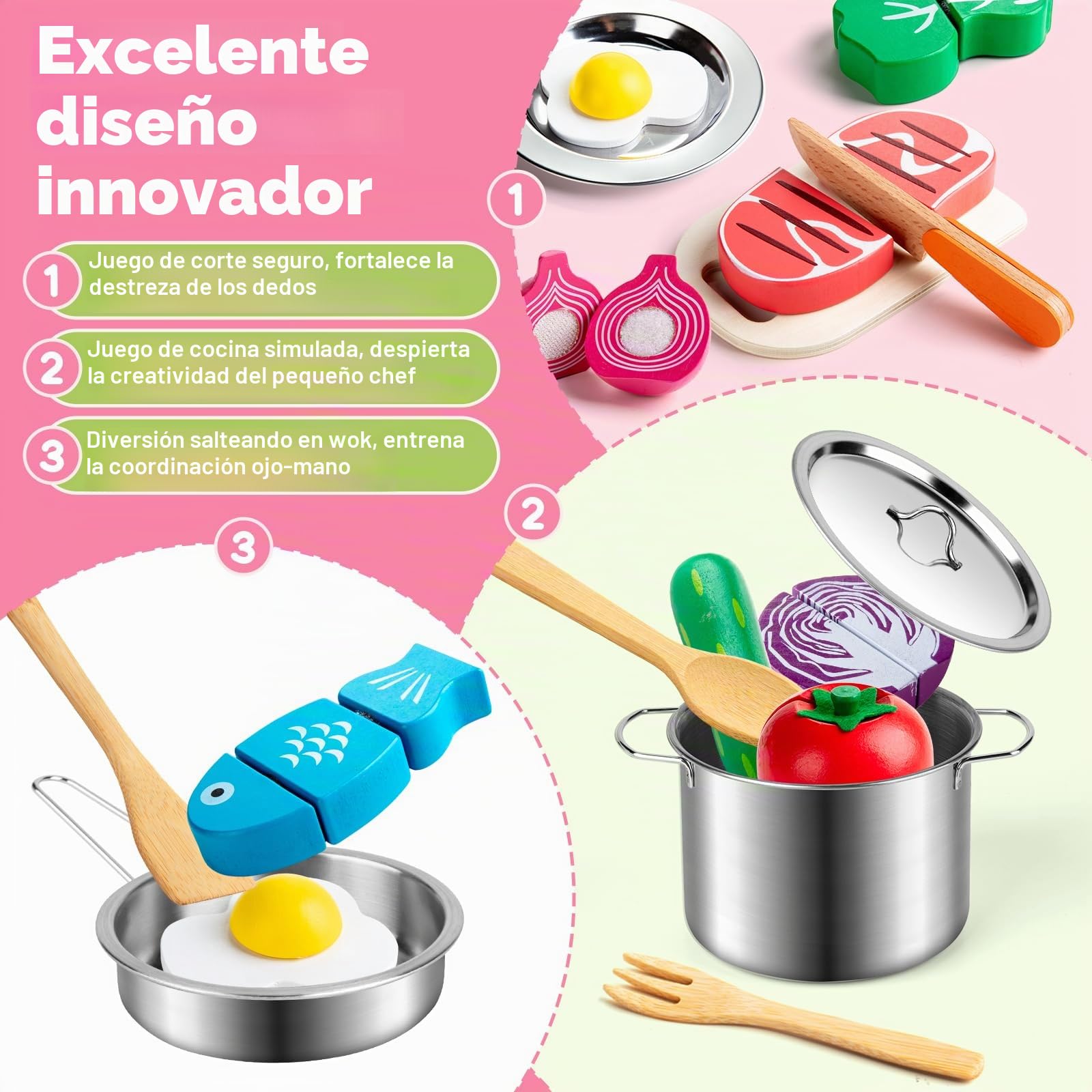 Sundaymot Juguetes de Cocina para niños Accesorios, juego de ollas y sartenes, utensilios de cocina, juego de chef para cortar alimentos verduras, juego de rol para niños mayores de 3 años
