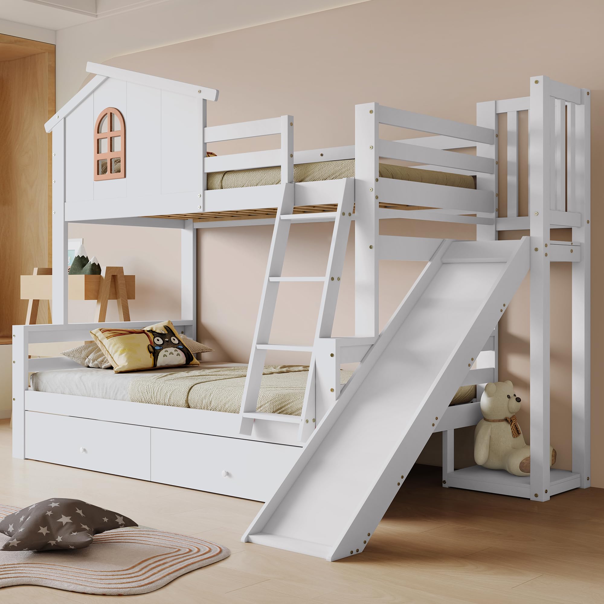 Lit Superposé 90x200 pour Utilisation Régulière Lit Tiroir pour Matelas Choisi Séparément Single Bed avec 2 Tiroirs avec Échelle Structure en Bois Massif avec Rangement Intégré Appartement