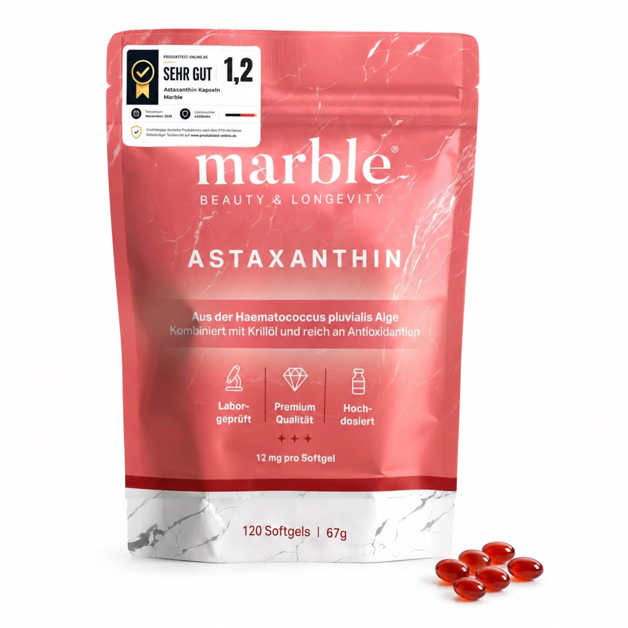 marble® Astaxanthin, 12 mg + Krillöl – 4 Monatsvorrat – Astaxanthin hochdosiert aus Haematococcus Pluvialis Alge – laborgeprüft, Made in Germany – 30 Tage risikofrei testen