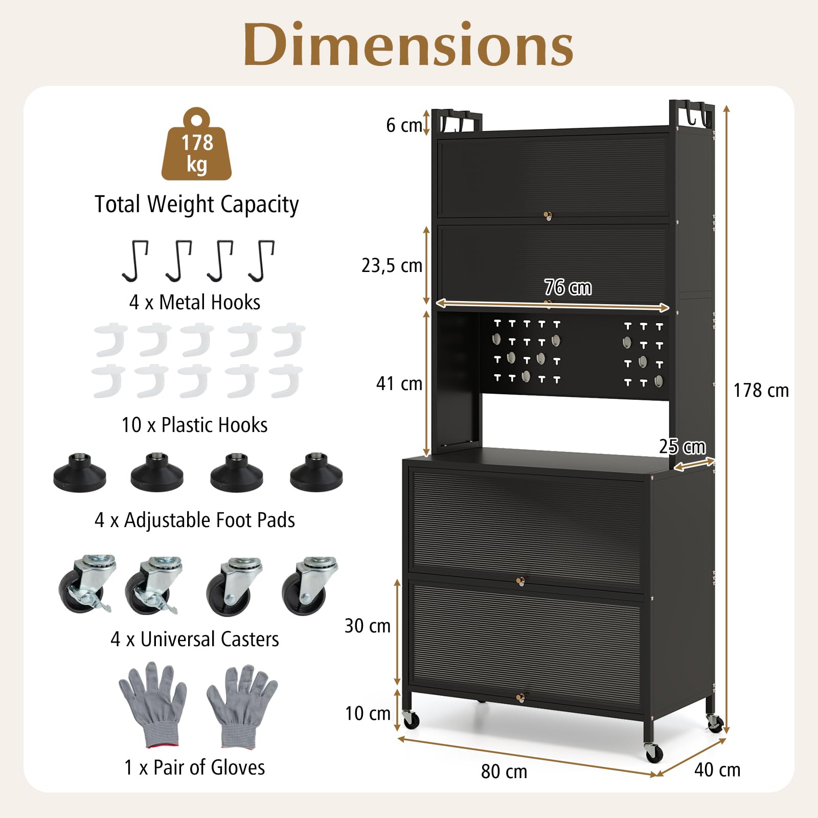 FANTASK Küchenschrank, Küchenregal auf Rollen mit Arbeitsplatte, Lochwand, Haken, transparenten Türen, Buffetschrank für Mikrowelle, Hochschrank für Küche, Esszimmer (Schwarz, 80 x 40 x 178 cm)