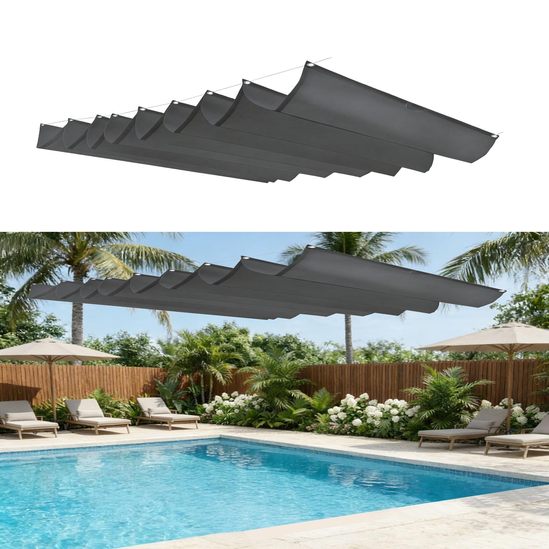 Voile ombrage rétractable vague 70x160cm gris foncé pour pergola