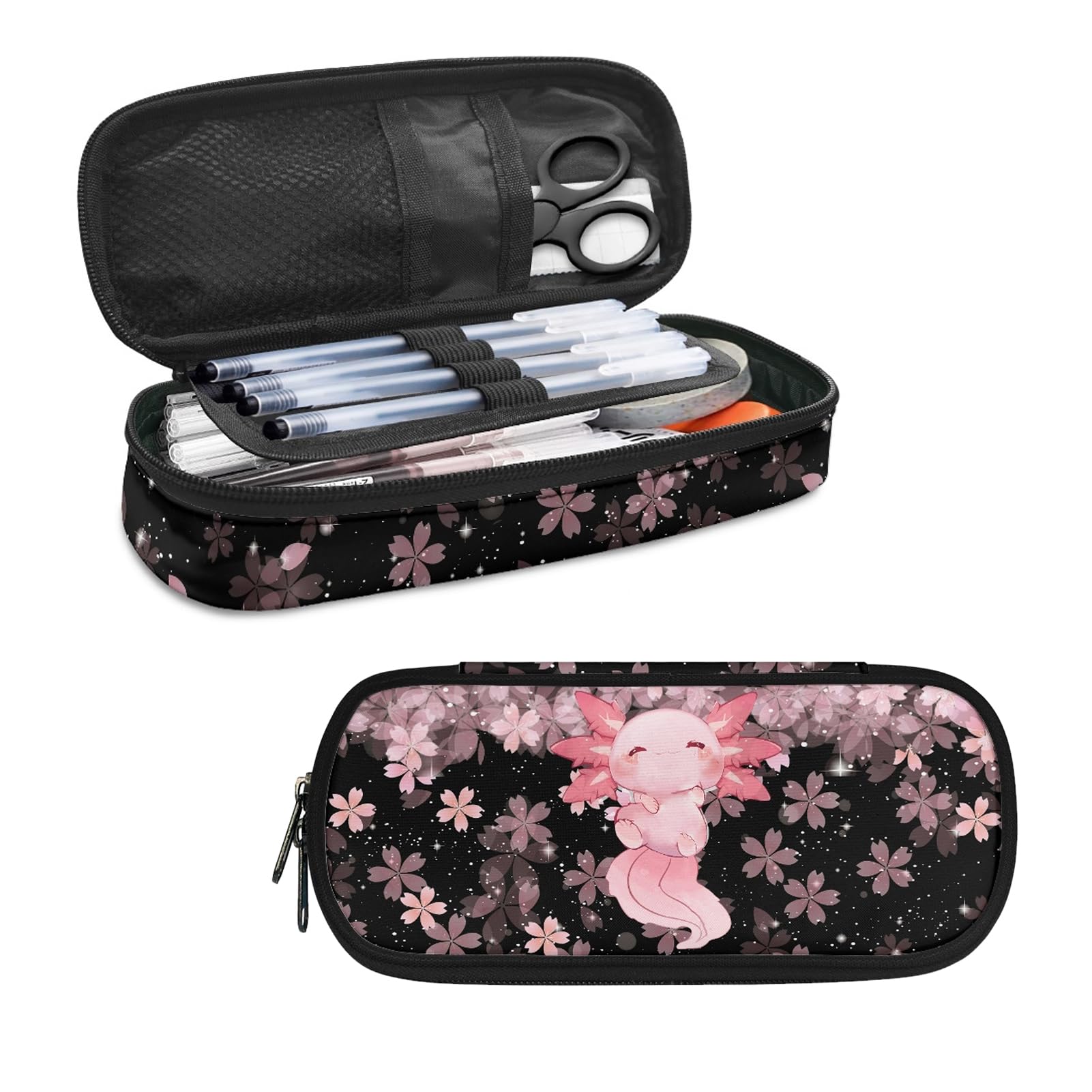 Cute Axolotl Pencil Case Pen Bag Cherry Blossom Pencil Pouch Holder Stationery Organzier for Adults Kids Teen Girls Boys School Office Home Desk Cosmetic Bags