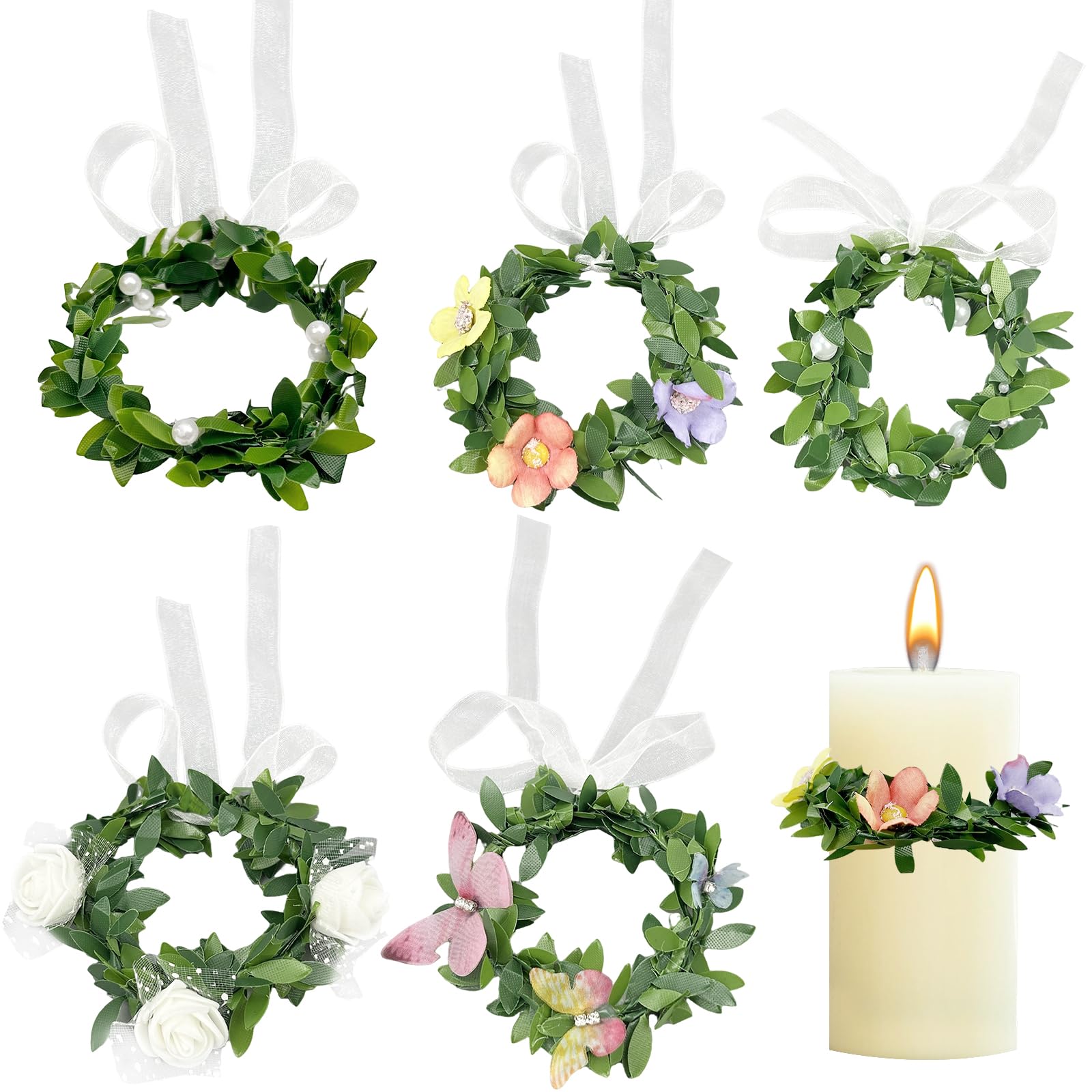 Irenwarl Green 5 Pcs Drip Protection Communion Candle, Candle Wreaths Decorative, Candle Garland, Artificial Eucalyptus Leaves Candles Wreaths, Ery, For Wedding Home Party Tabletop Decoration