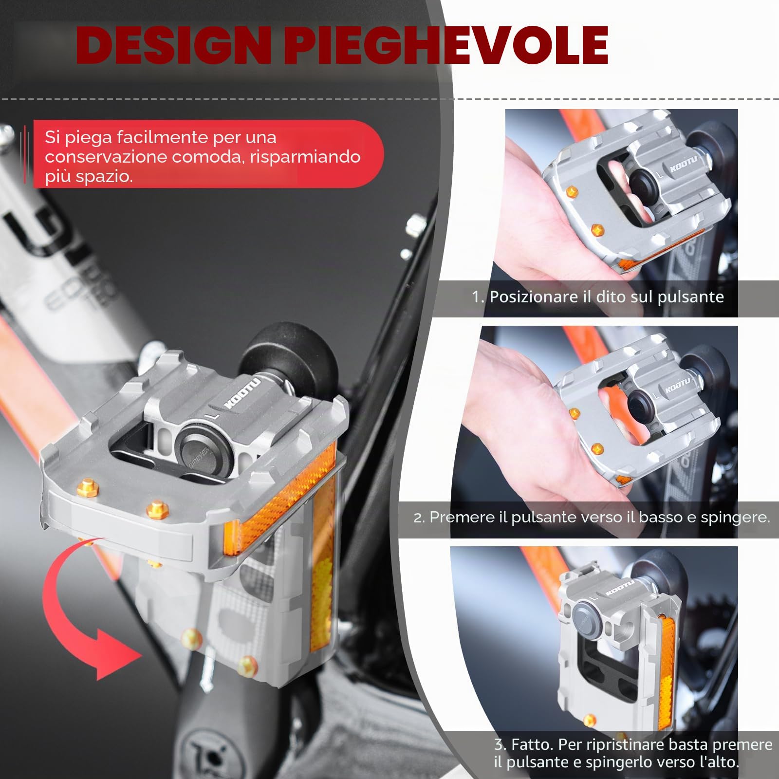 KOOTU Pedali bici con strisce riflettenti, pedale pieghevole universale 9/16 pollici Mountain Bike Pedali, antiscivolo in lega di alluminio Pedali bici per strada BMX MTB Bike