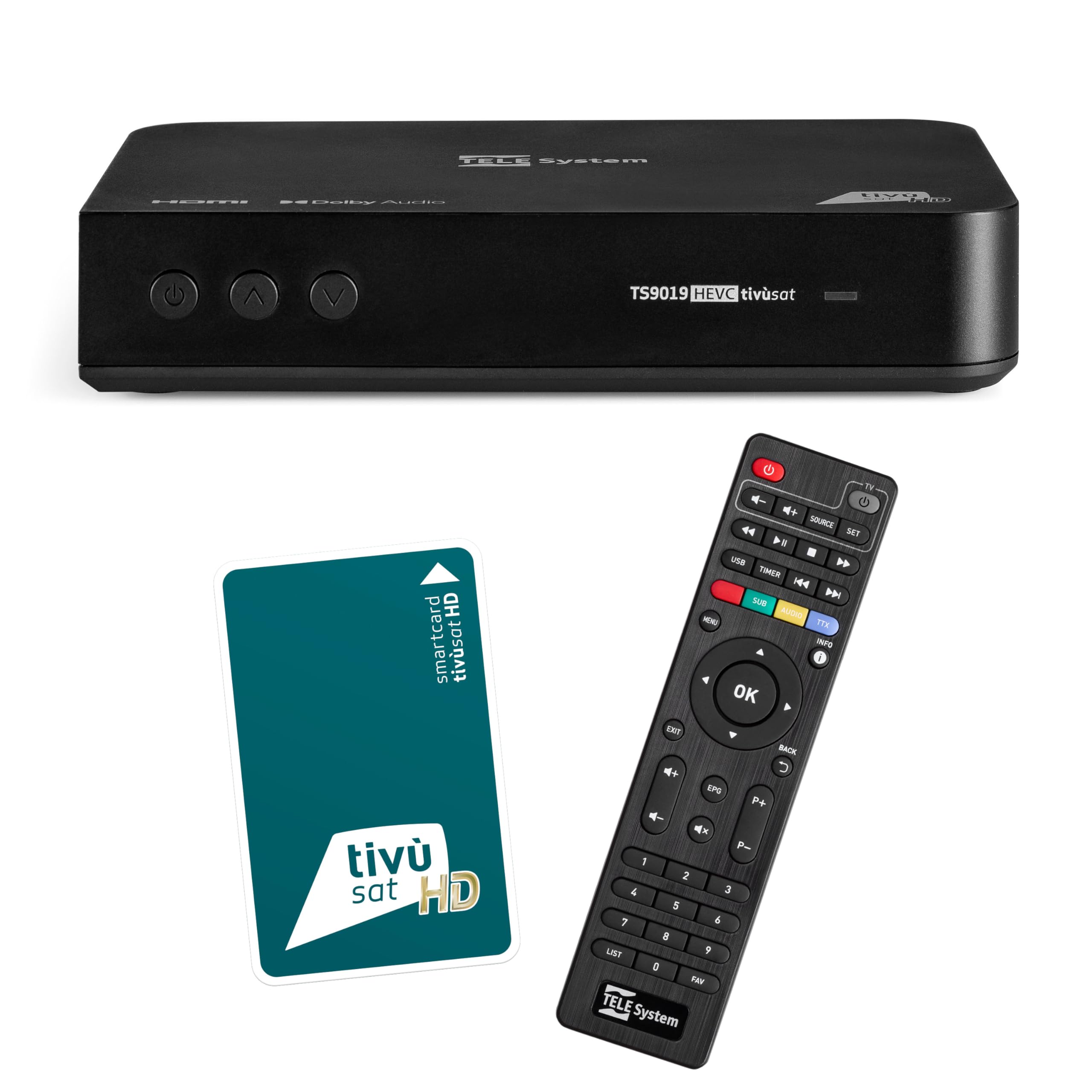 TELE System Décodeur Satellite TS9019HEVC, Carte à Puce Tivùsat Classic Incluse, certifié DAZN, Plus de 70 chaînes HD gratuites, Serie A sur DAZN1 et DAZN2, Mise à Jour Automatique des chaînes