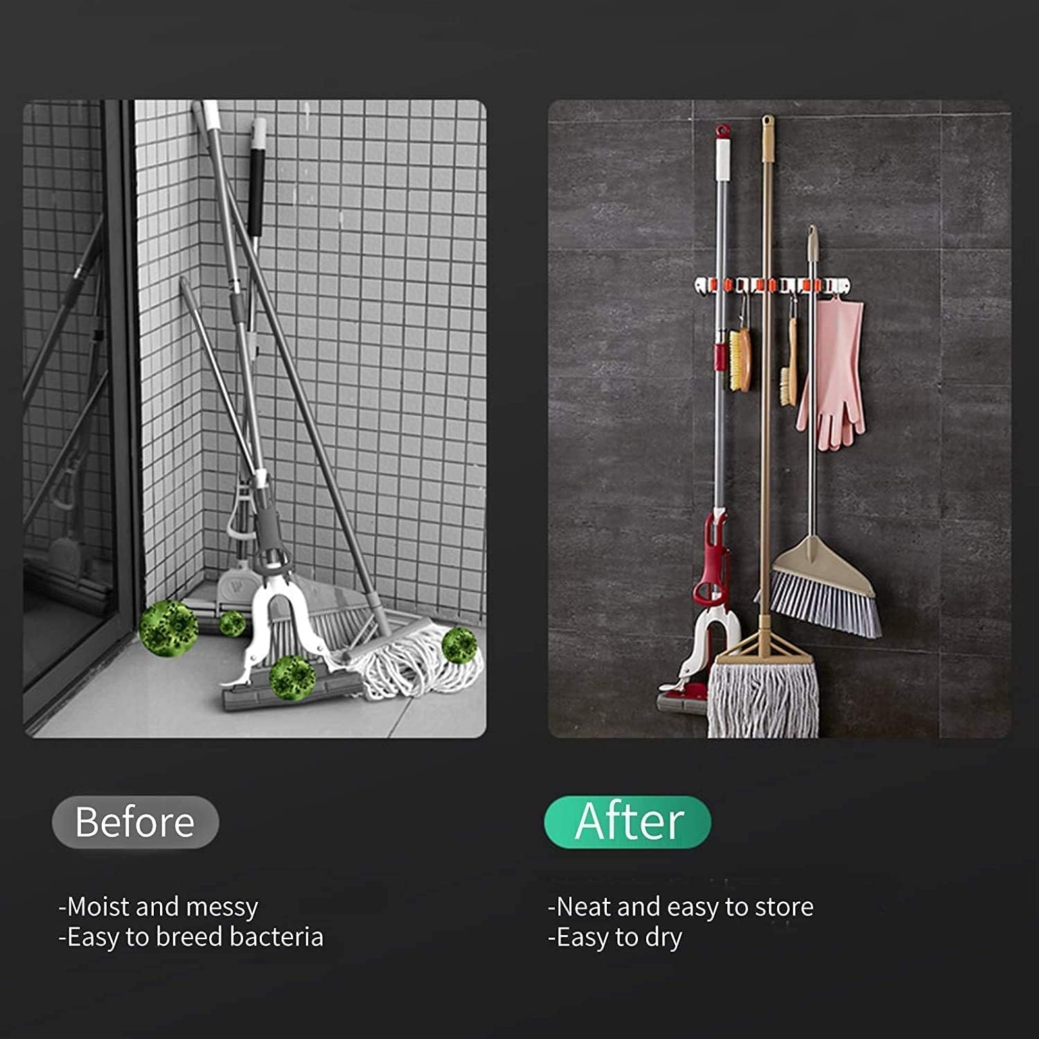 Kepzell Mop Broom Holder organizer No Drill Wall Mounted Heavy Duty with Hooks Hanger Storage Rack for Bathroom, Kitchen, Office, Silver(3 Racks 4 Hooks) 3