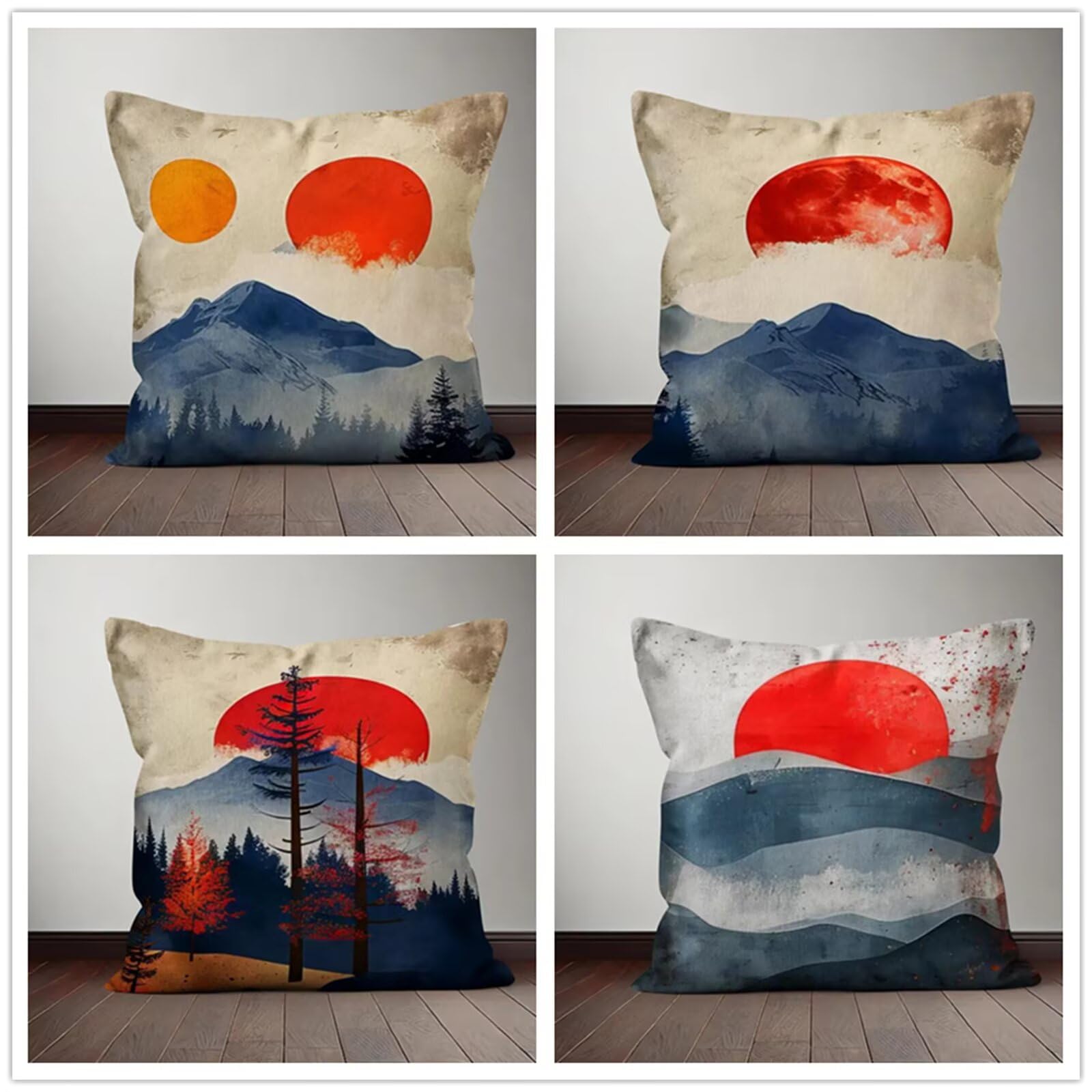 Heaen Outdoor Cushions Covers Waterproof 35x35 cm Set of 4 Square Linen Pillow Cases Simple Sunrise Landscape Decorative Dushions for Sofa Porch Patio Home Decor