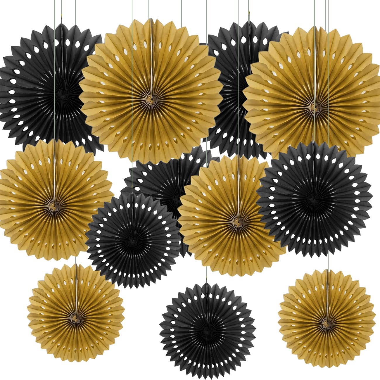 CC wonderland zone 12PCS Gold and Black Paper Fans Party Decorations,Hanging Ceiling Honeycomb Round Tissue Paper Fans for Birthday Wedding Party Decorations
